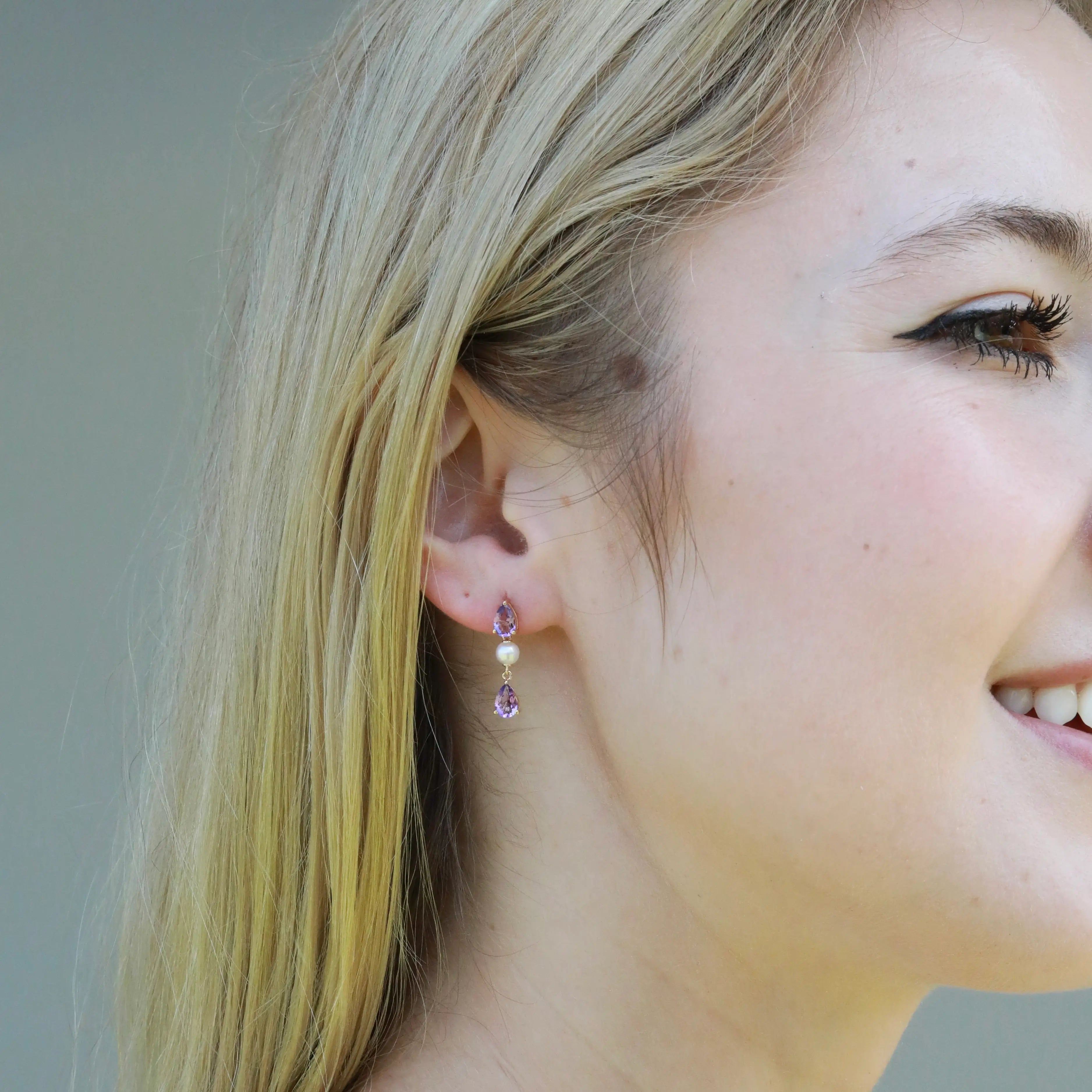 Venus Tears Natural Purple Amethyst Pearl Drop Earrings 14k yellow gold