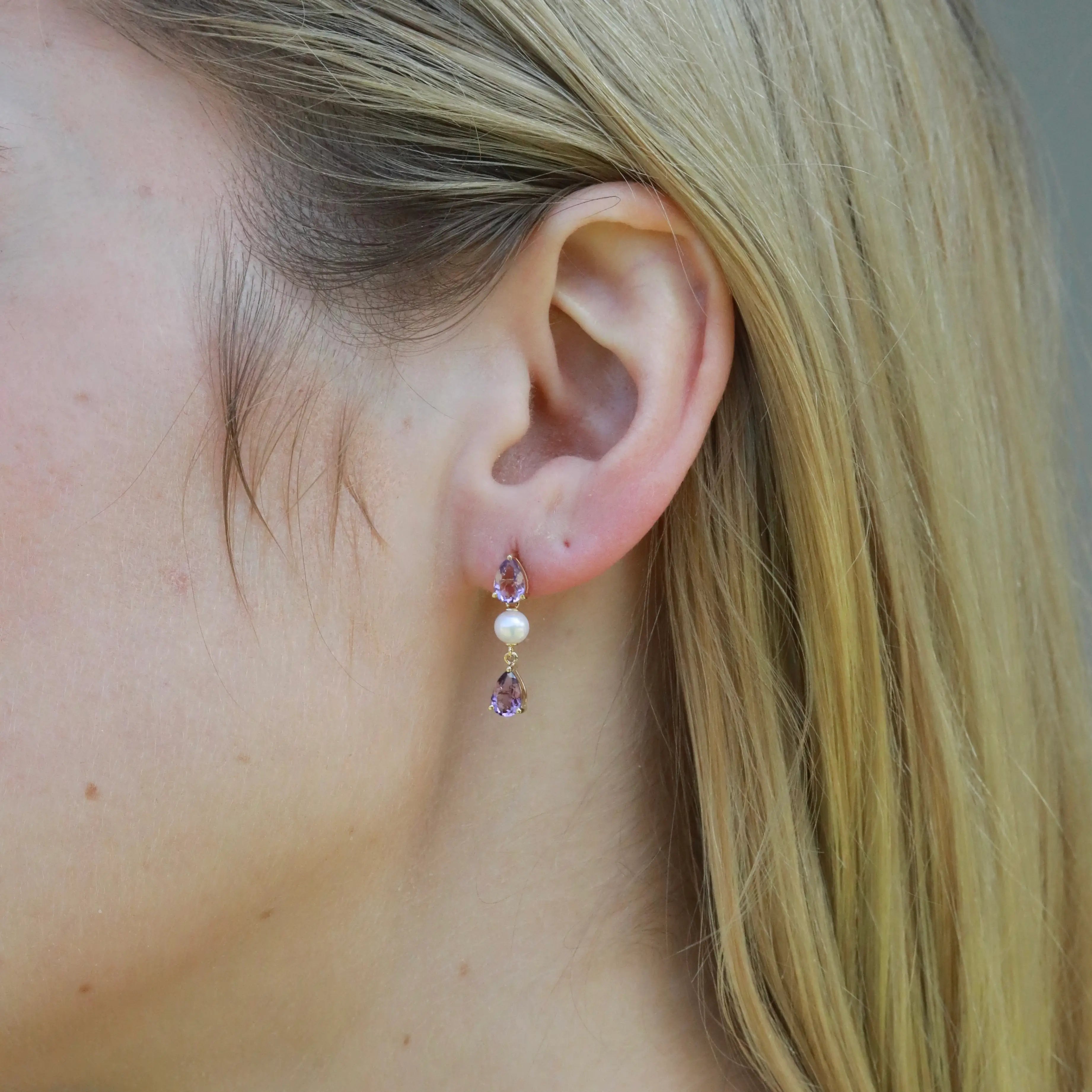 Venus Tears Natural Purple Amethyst Pearl Drop Earrings 14k yellow gold