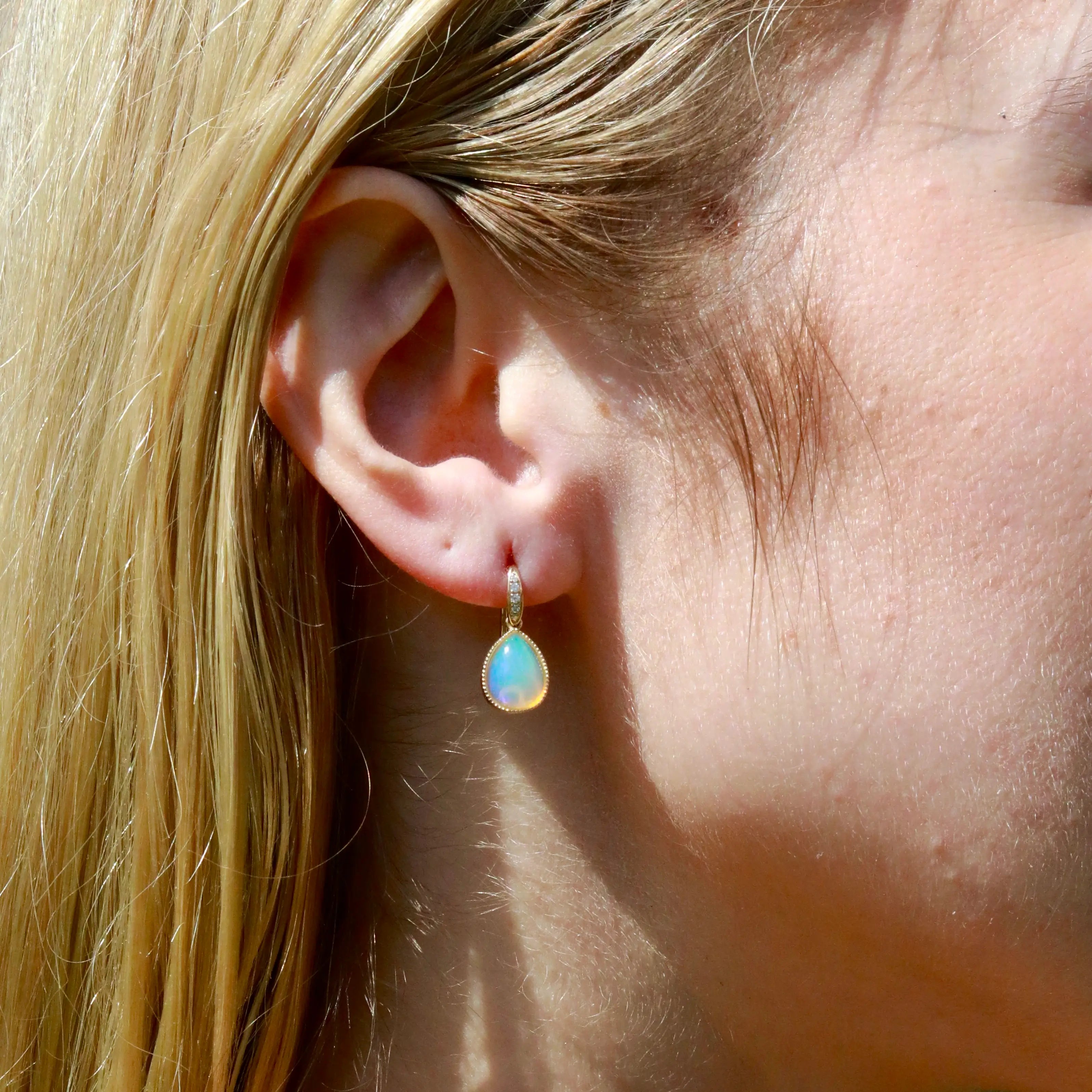 Aurora Pear Natural Fire Opal Diamond Drop Earrings 14k yellow gold