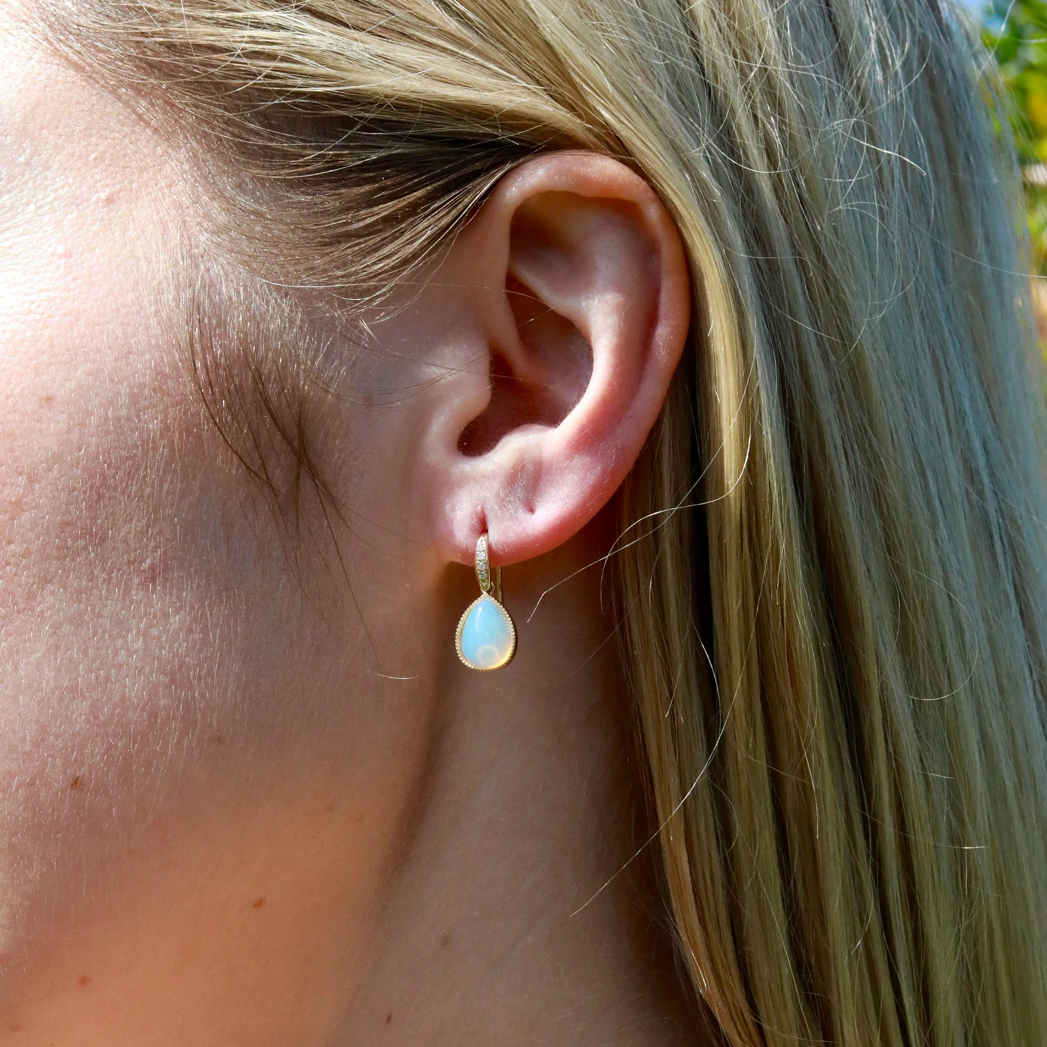 Aurora Pear Natural Fire Opal Diamond Drop Earrings 14k yellow gold