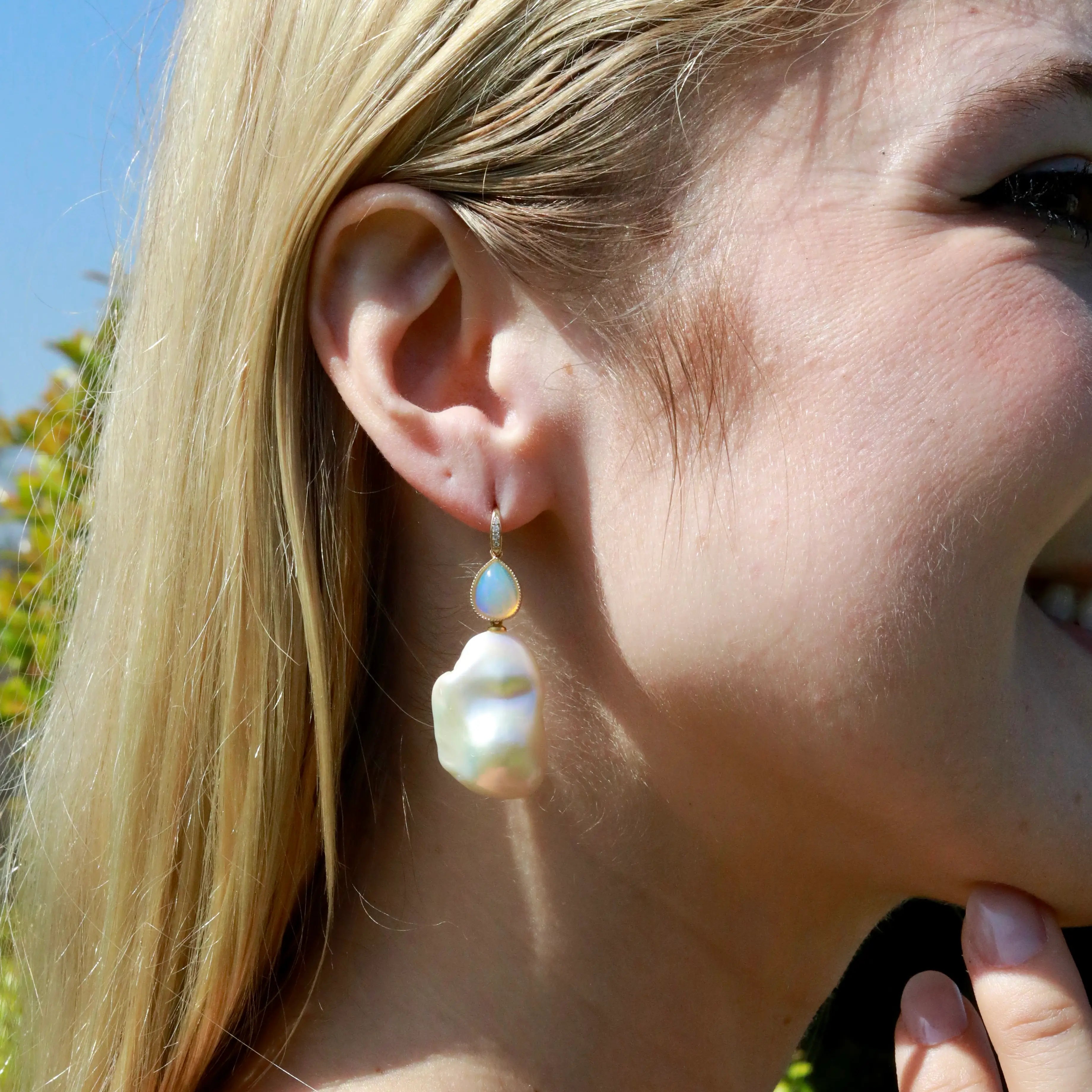 Aurora Pear Natural Fire Opal Diamond Baroque Pearl Convertible Drop Earrings 14k yellow gold