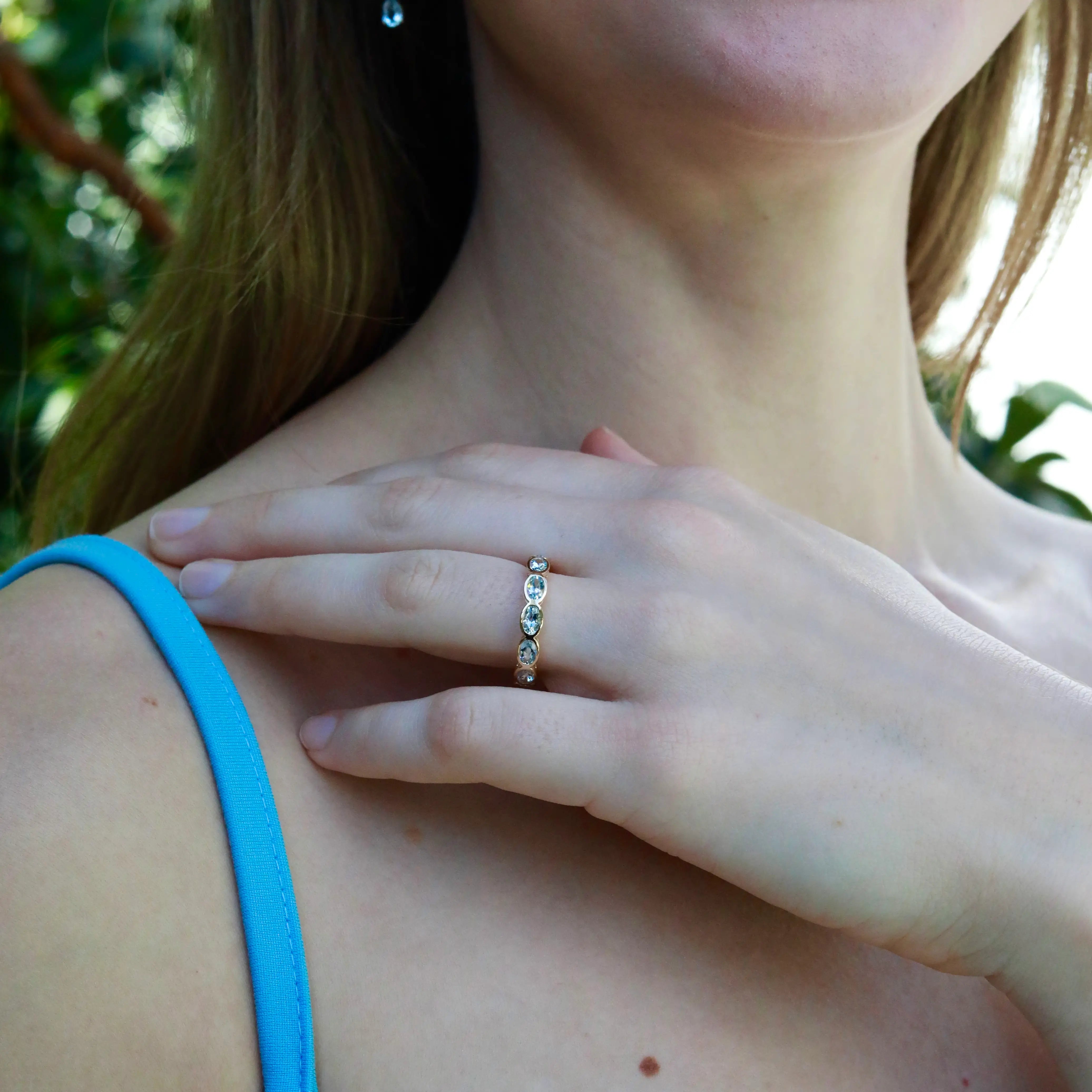 Natural Aquamarine East-West Eternity Band in 14k solid yellow gold