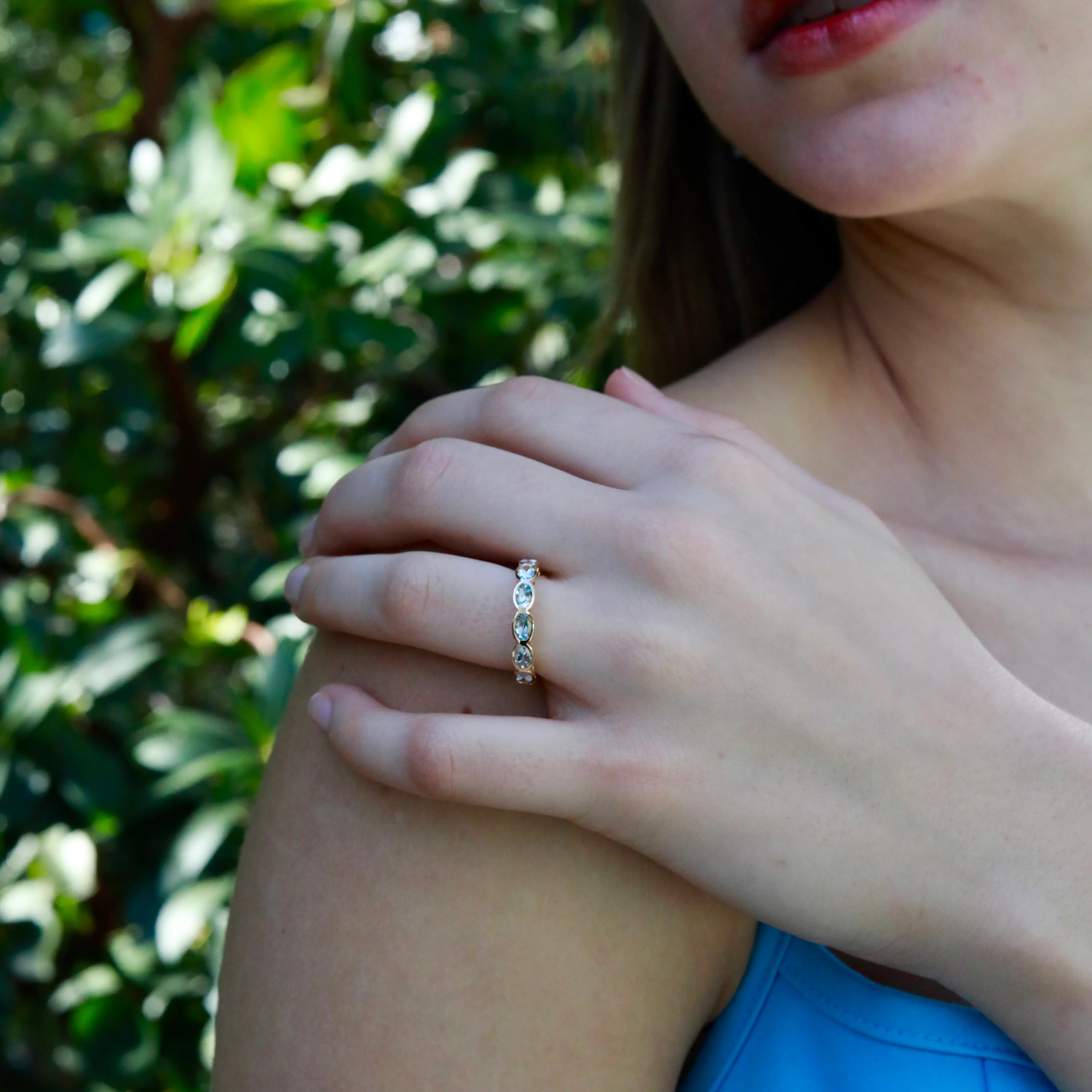 Natural Aquamarine East-West Eternity Band in 14k solid yellow gold