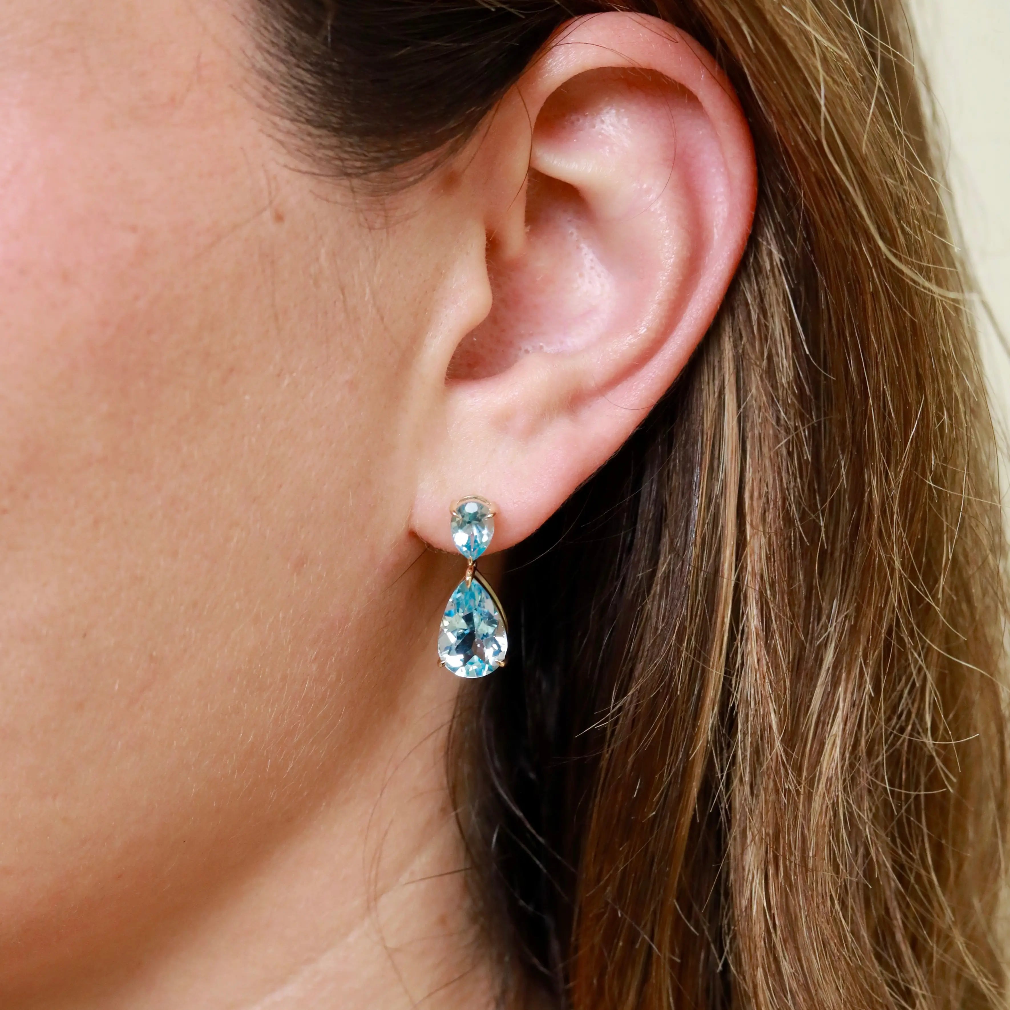 Duet Natural Pear 9.60ctw Sky Blue Topaz Drop Earrings in 14k gold