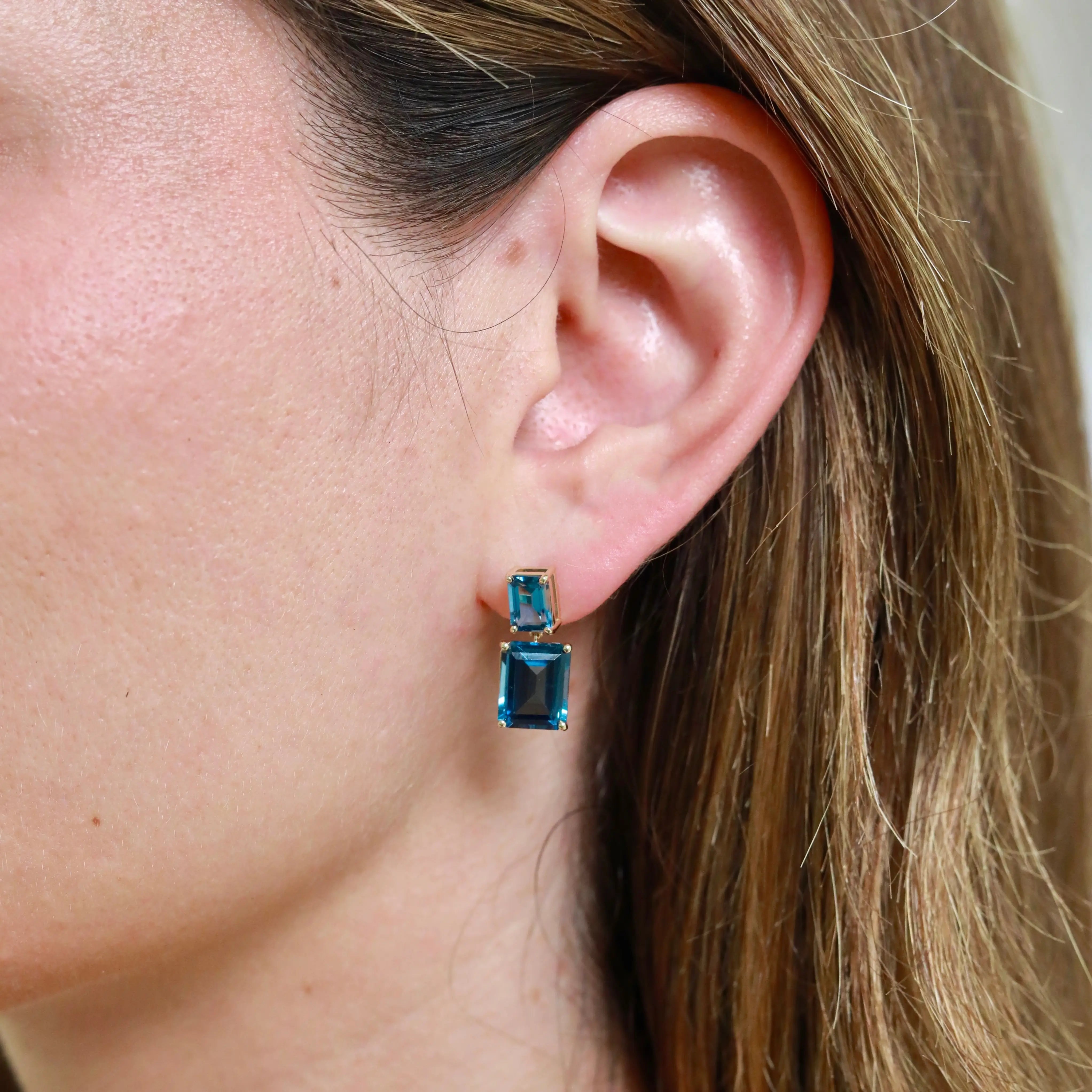 Duet Emerald-Cut Natural 10ctw London Blue Topaz Drop Earrings in 14k yellow gold