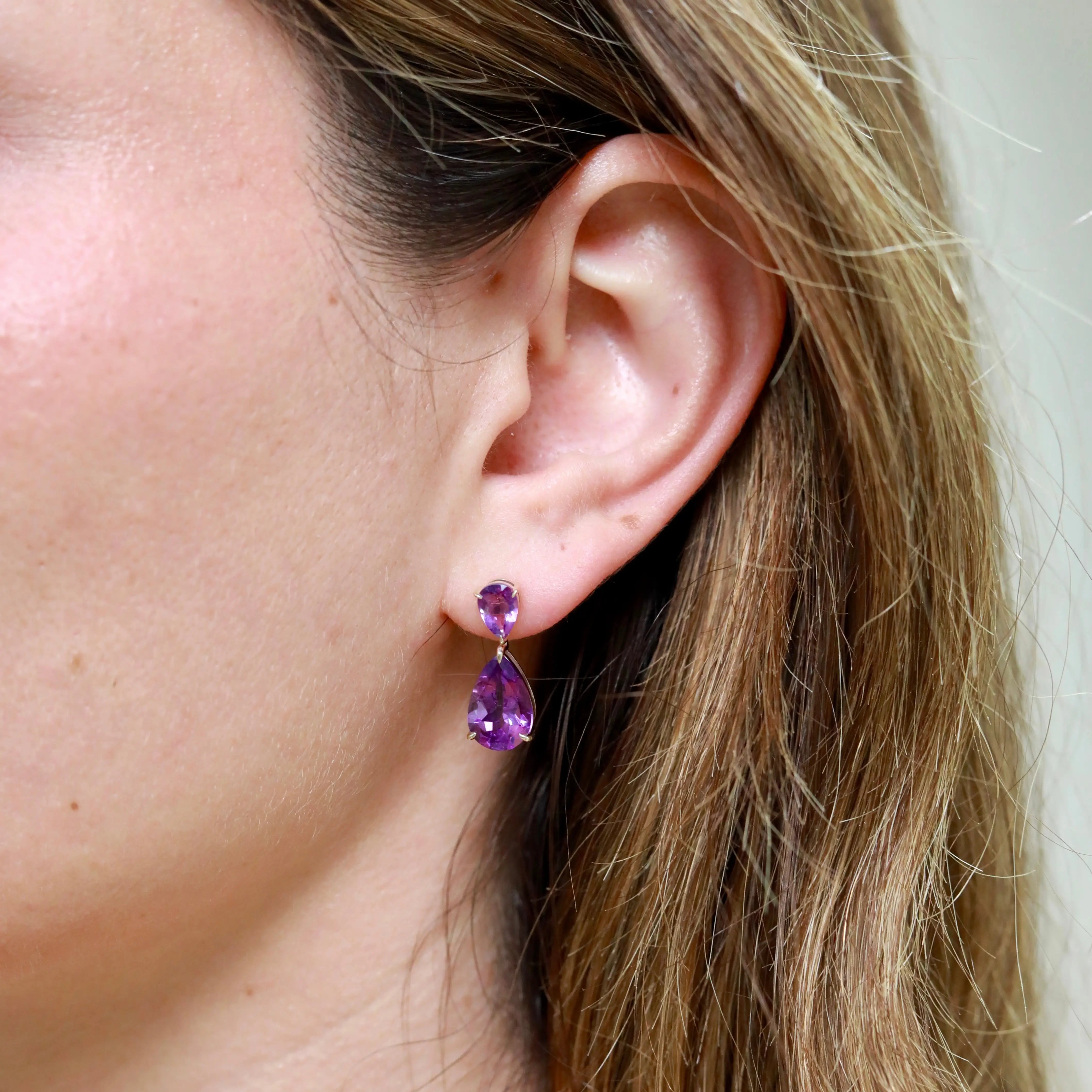 Duet Natural Pear 7.20ctw Amethyst Drop Earrings in 14k yellow gold