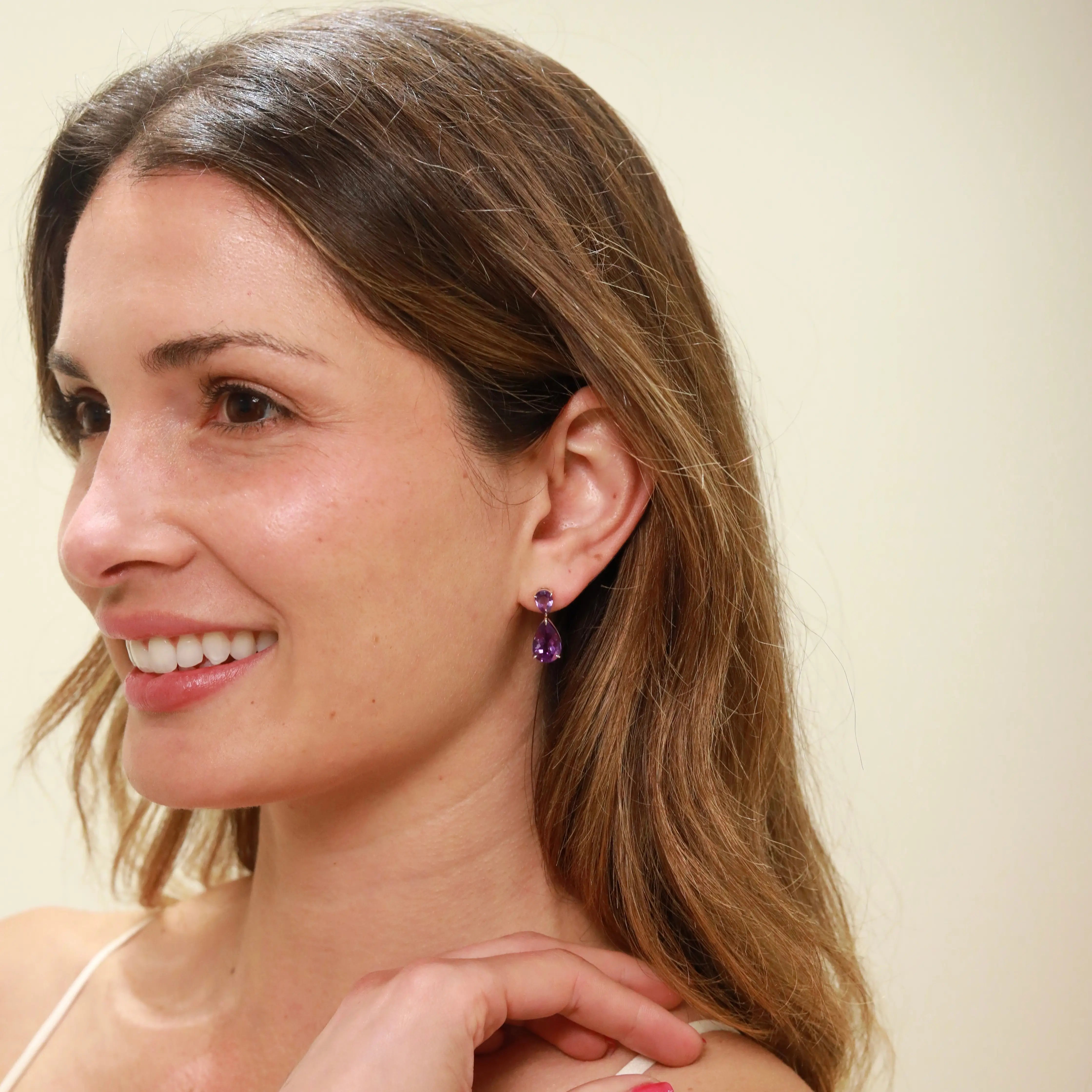 Duet Natural Pear 7.20ctw Amethyst Drop Earrings in 14k yellow gold