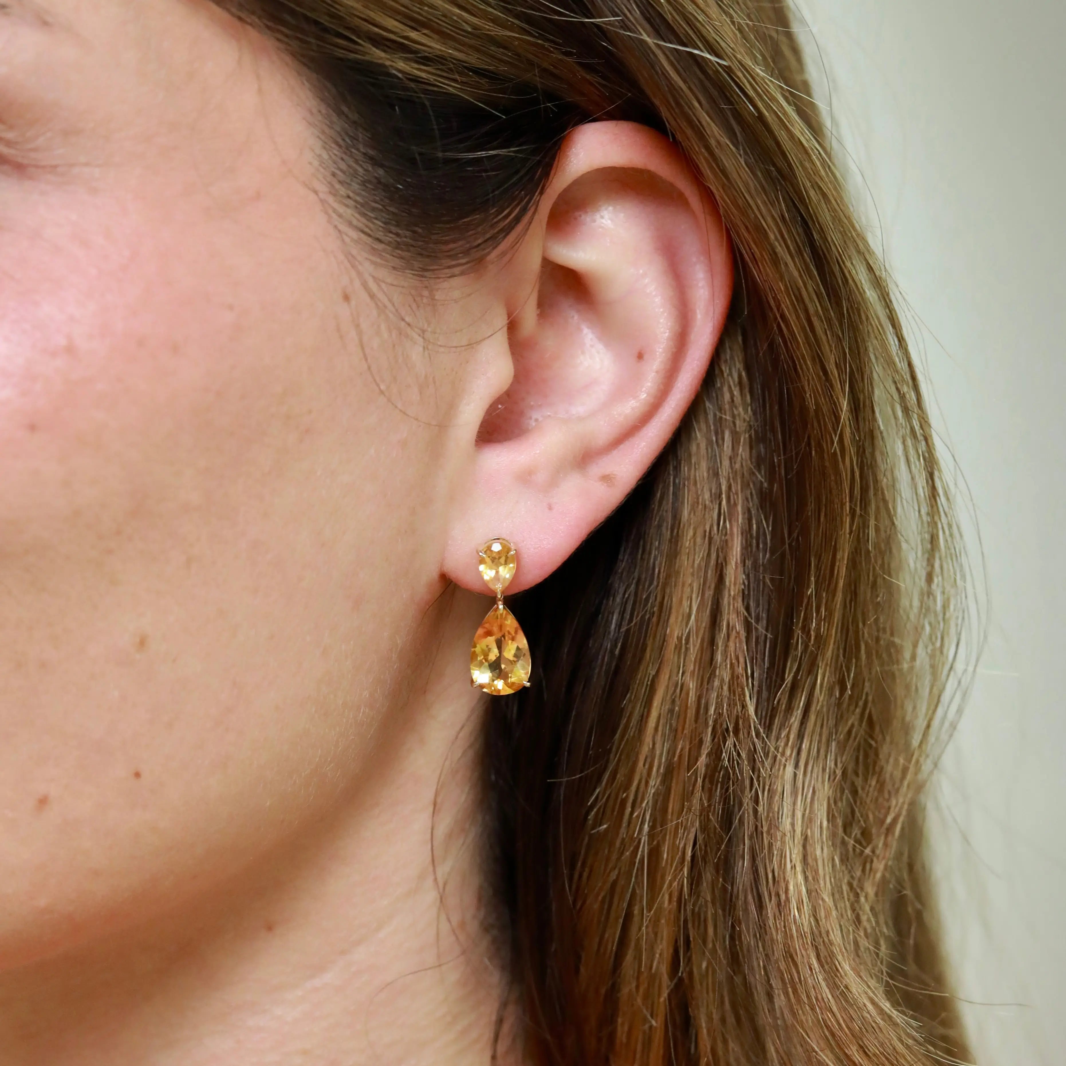 Duet Natural 7.20ctw Pear Citrine Drop Earrings in 14k yellow gold