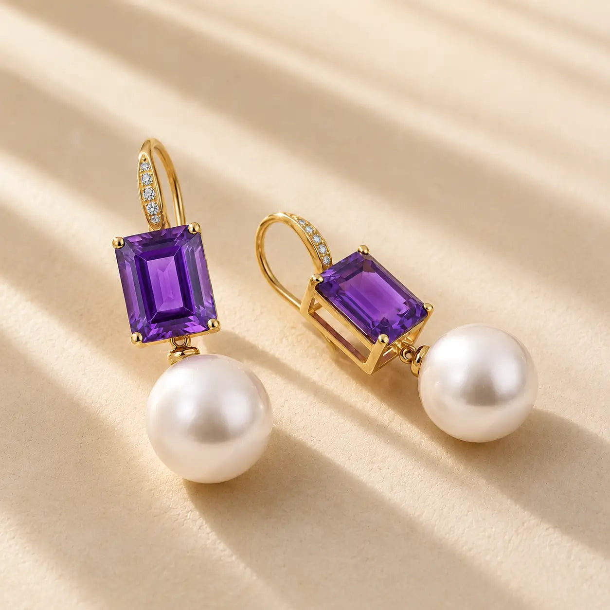 14k gold Radiant Natural Emerald-Cut Amethyst Diamond Cultured Pearl Convertible Drop Earrings