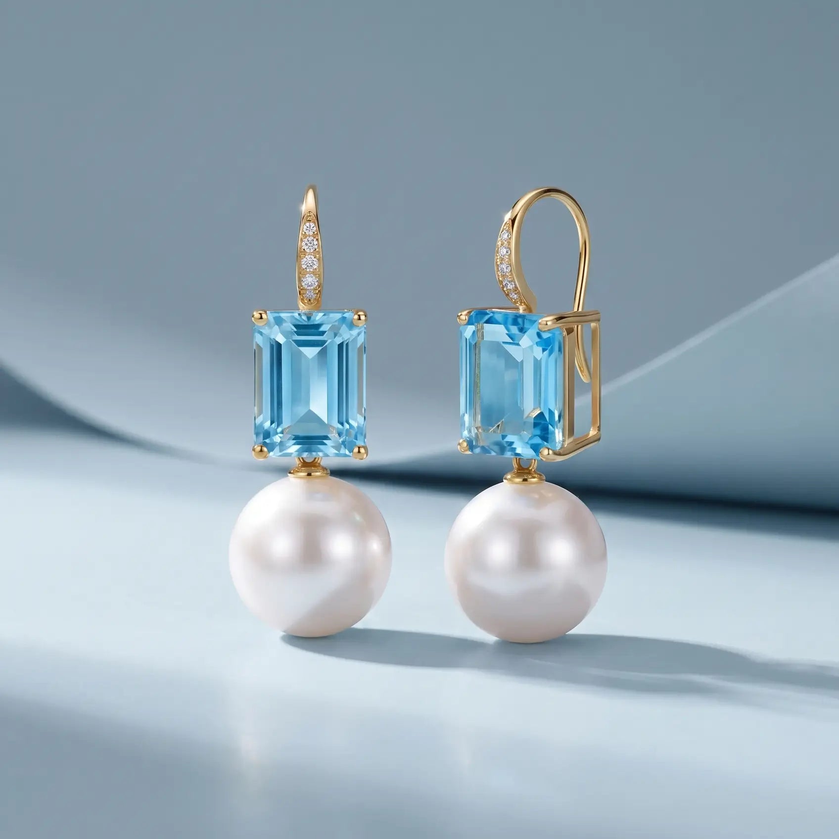 14k Gold Radiant Emerald-Cut Natural Topaz Diamond & Cultured Round Pearl Convertible Drop Earrings