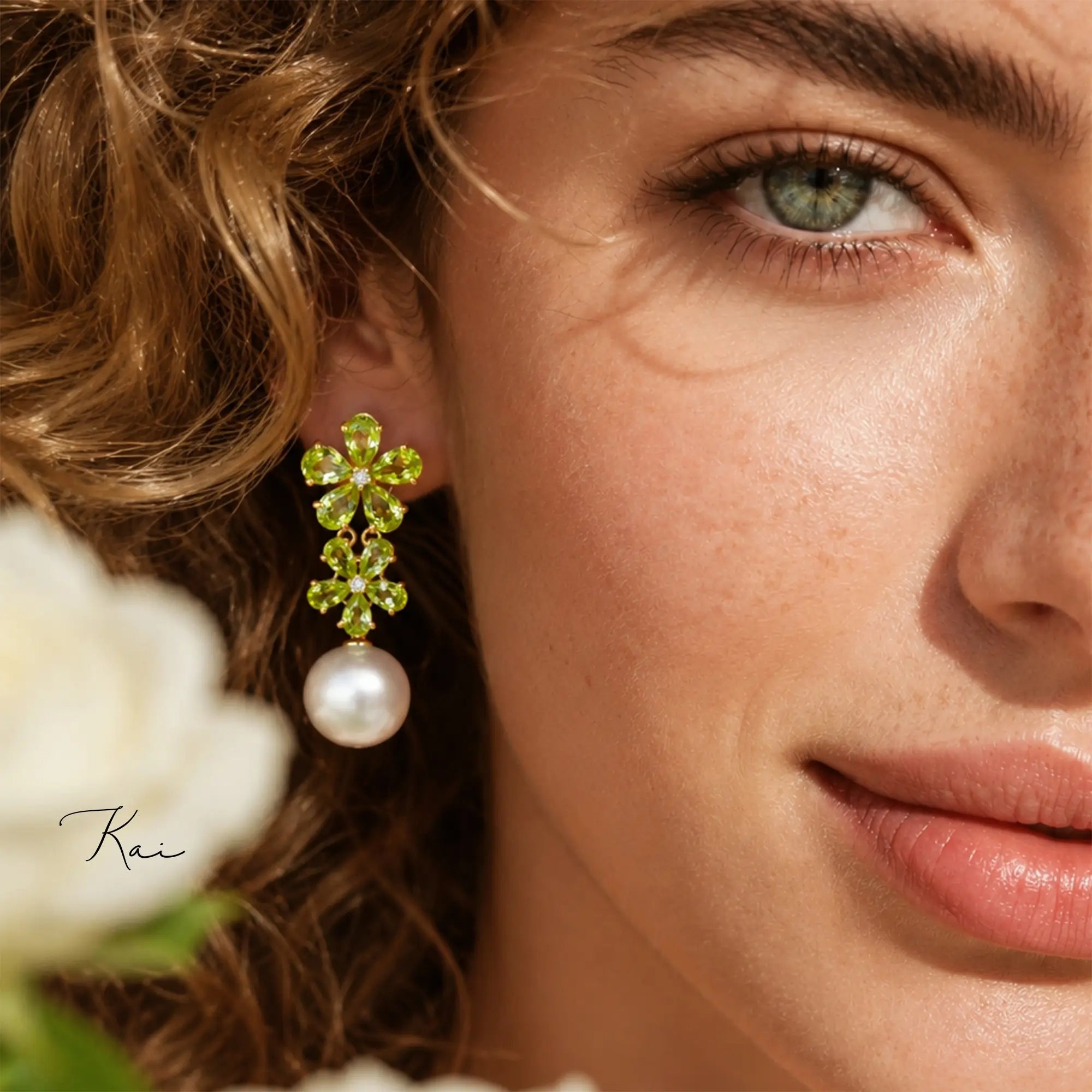 Nina Zhou x Kai Natural Peridot Diamond Double Blossom with Freshwater Pearl Convertible Drop Earrings in 14k gold