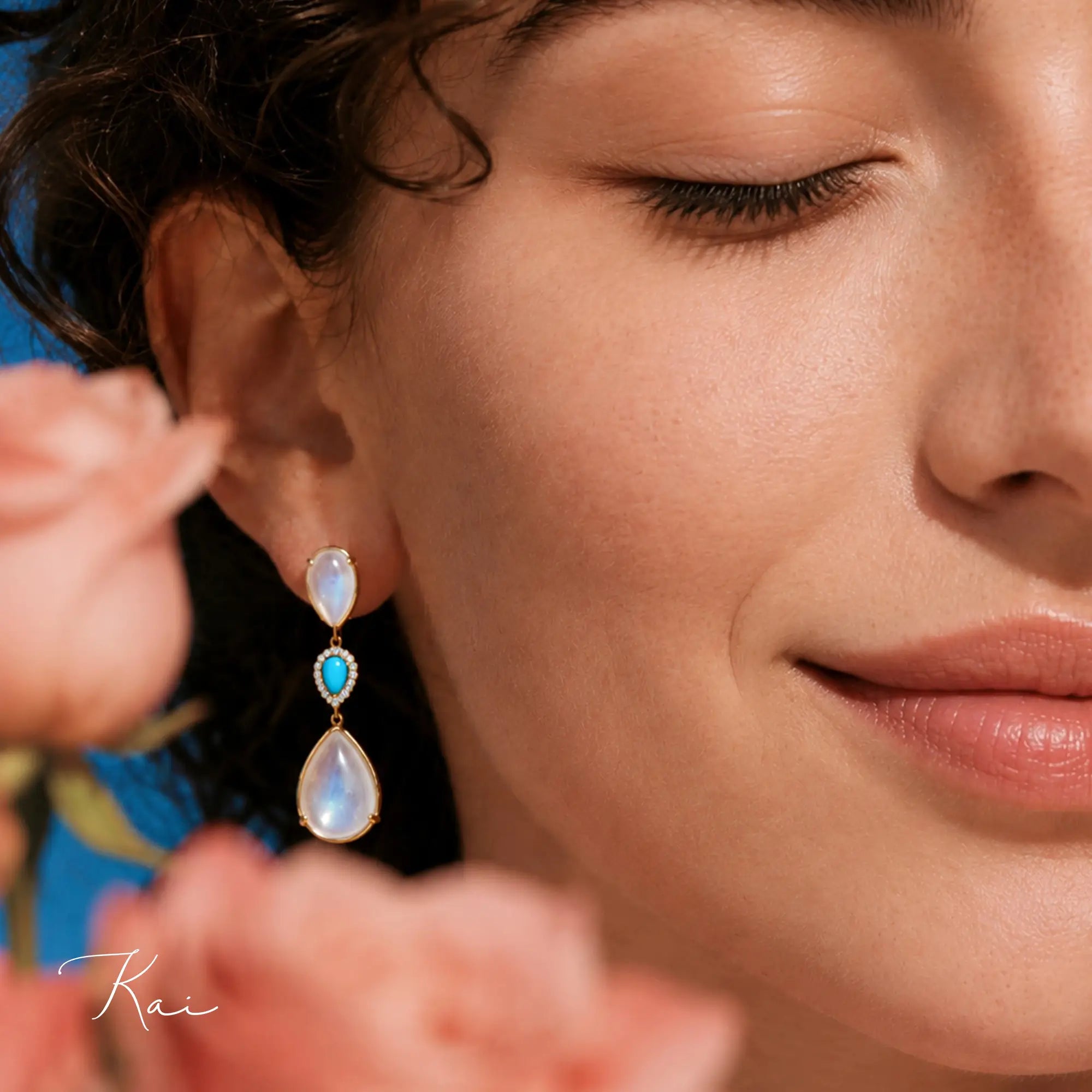 kai fine jewelry Garden Melody natural 27.36 ctw Natural Moonstone, Turquoise & Diamond Drop Earrings in 24k yellow gold (One-of-a-Kind)