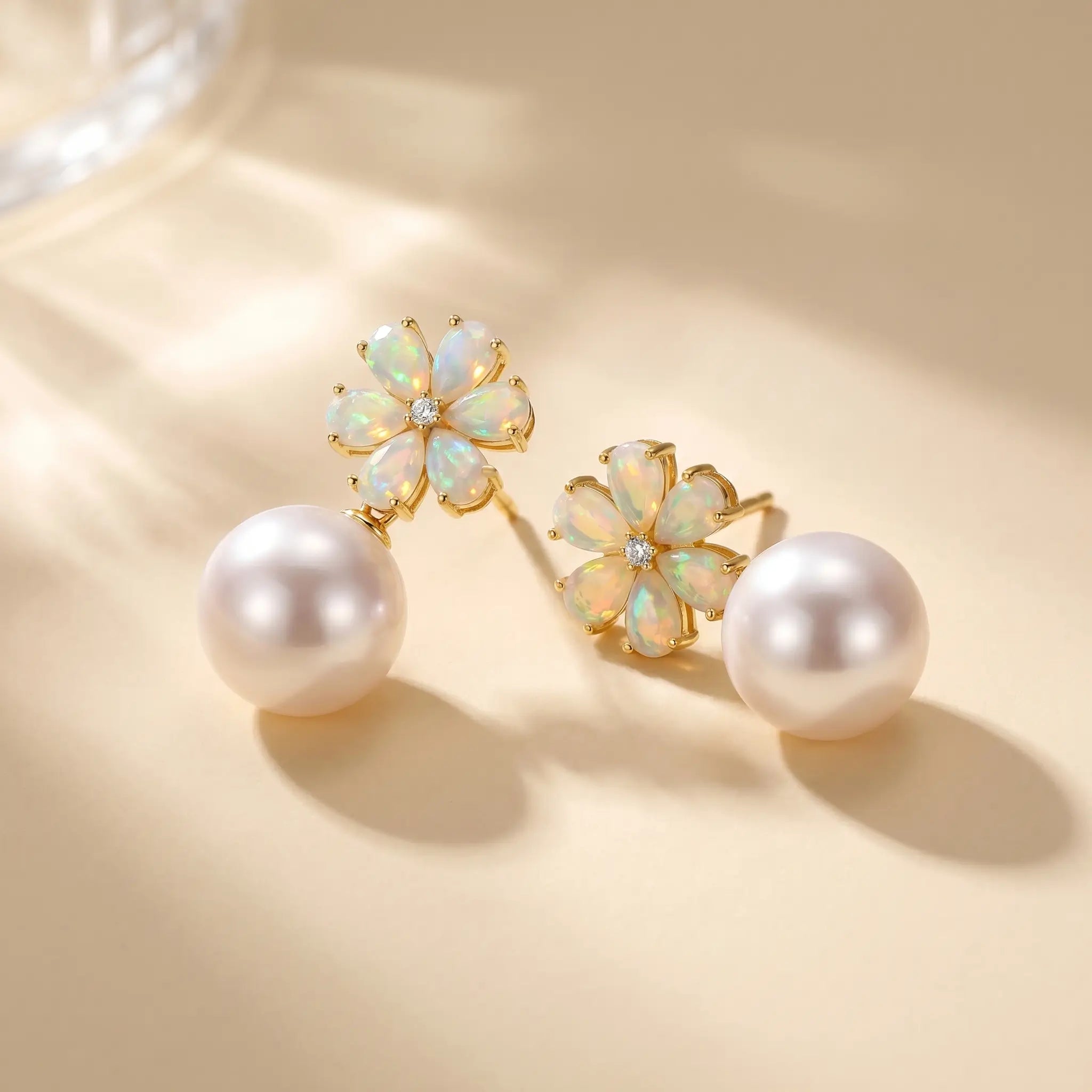 Flora Natural Fire Opal Diamond Pearl Convertible Drop Earrings in 14k yellow gold