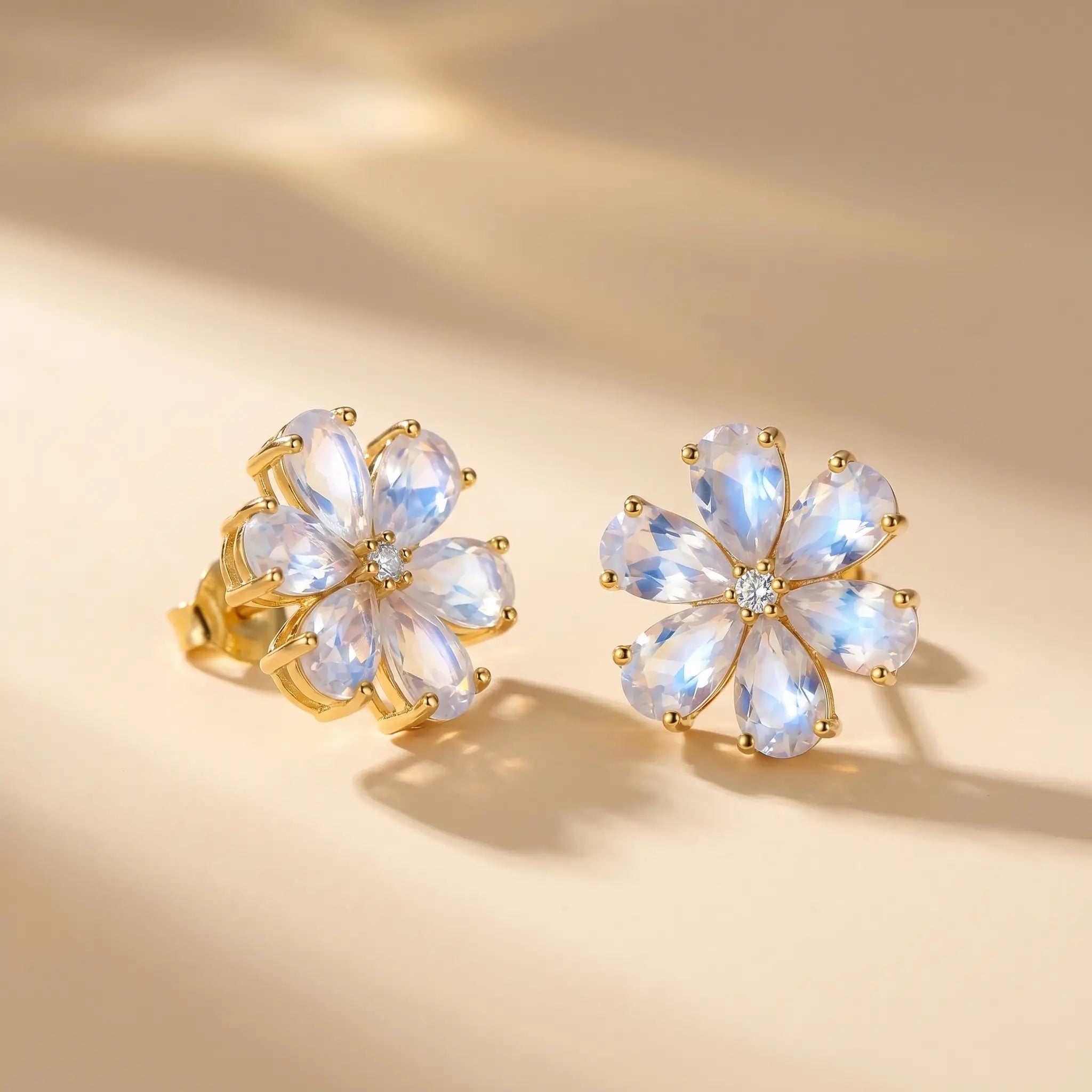 Flora Natural Rainbow Moonstone Diamond Earrings in 14k yellow gold