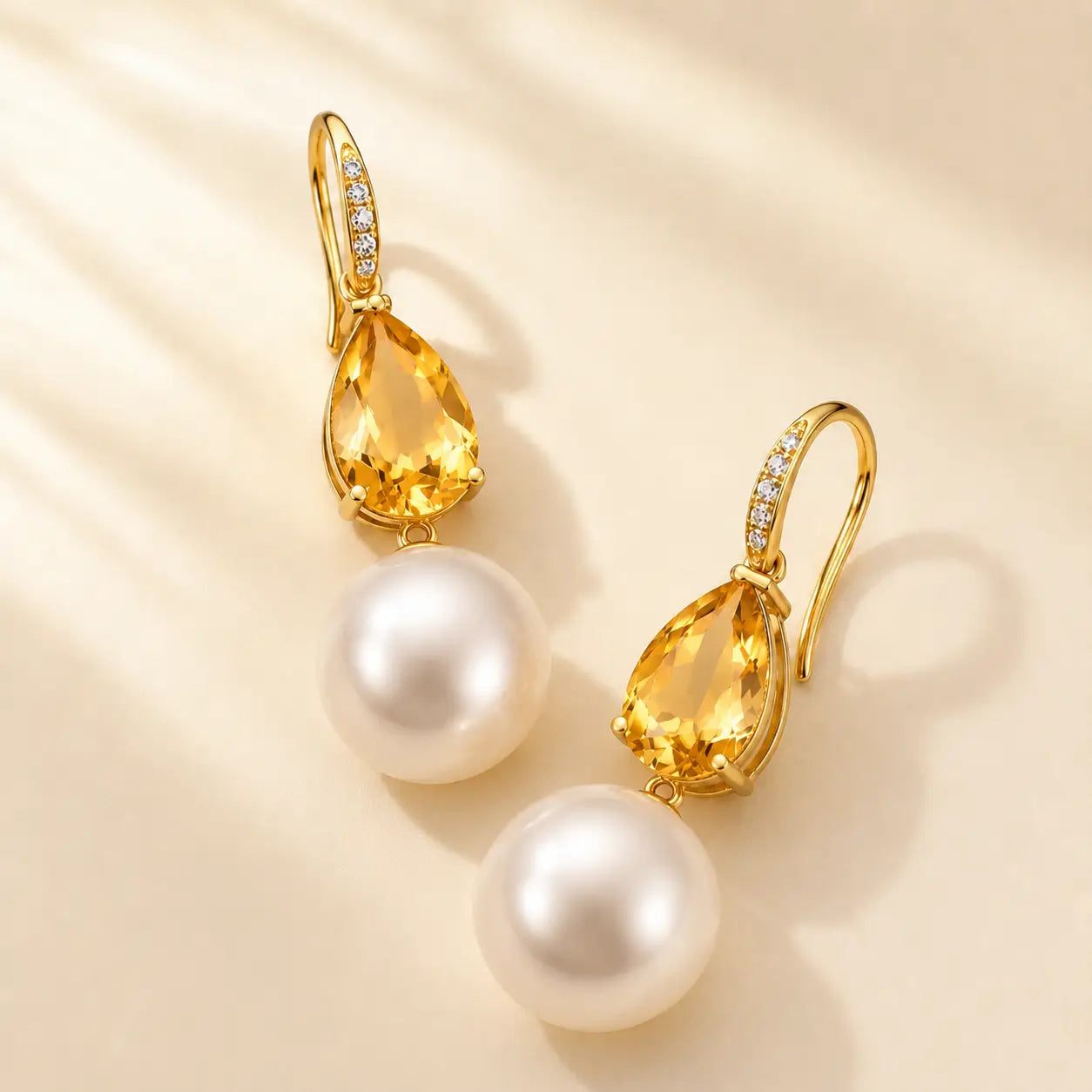 14k gold Radiant Natural Pear Citrine Diamond Cultured Pearl Convertible Drop Earrings