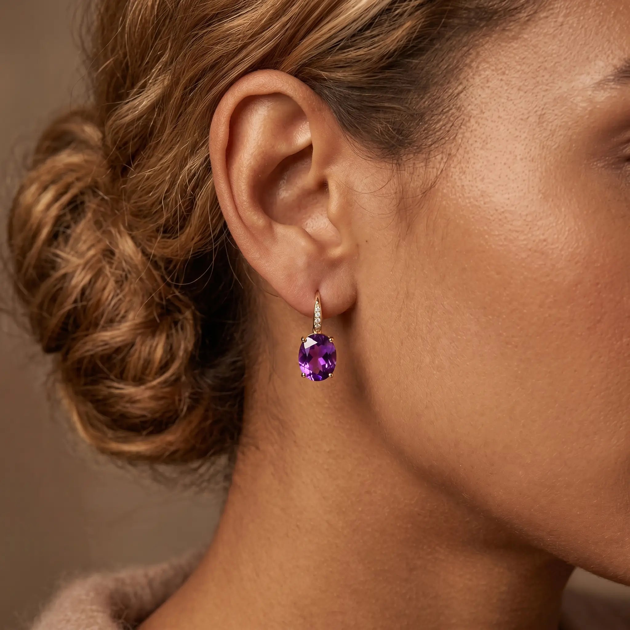 Radiant Oval Amethyst Diamond Drop Earrings