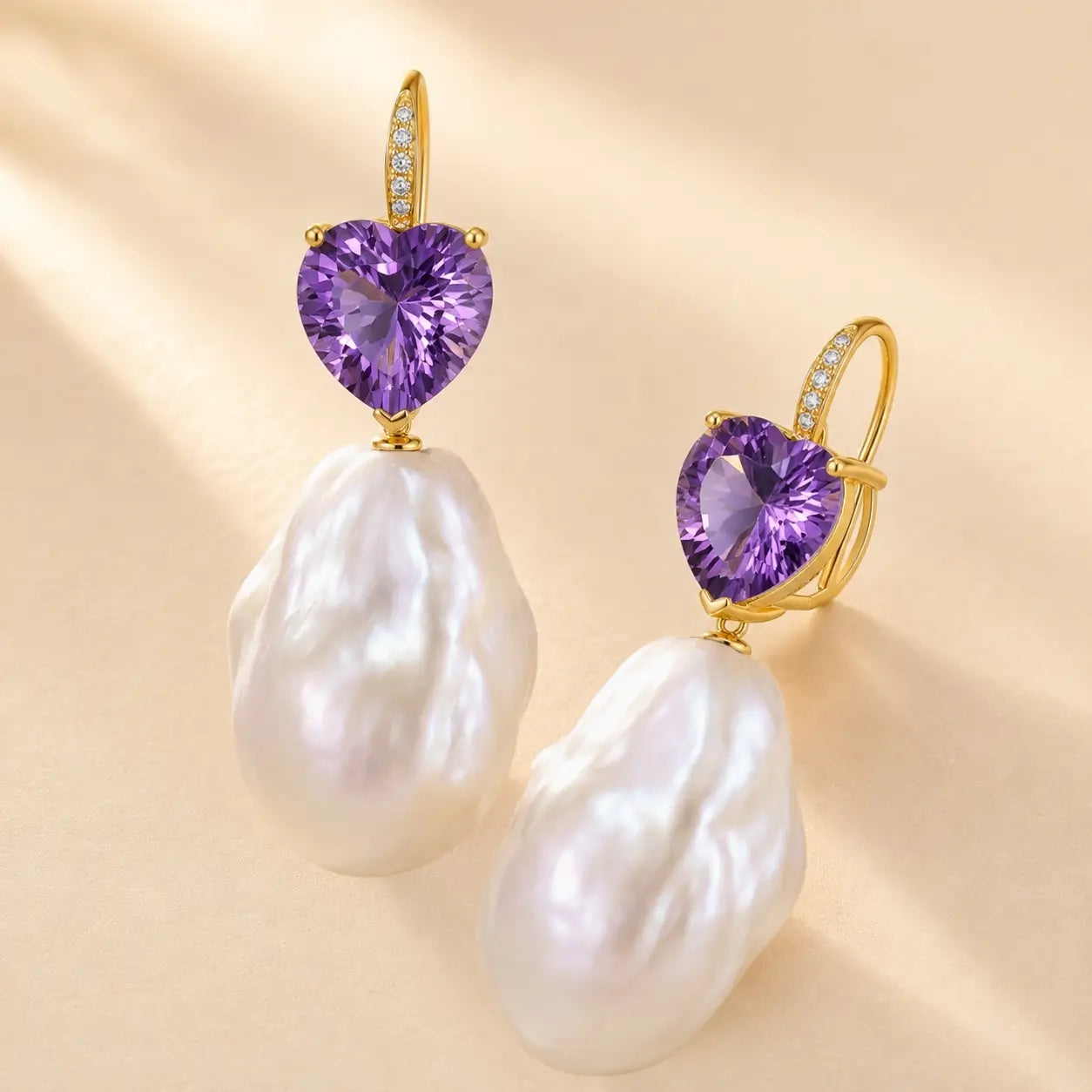 Radiant Heart Natural Amethyst Diamond Baroque Pearl Convertible Drop Earrings in 14k Gold