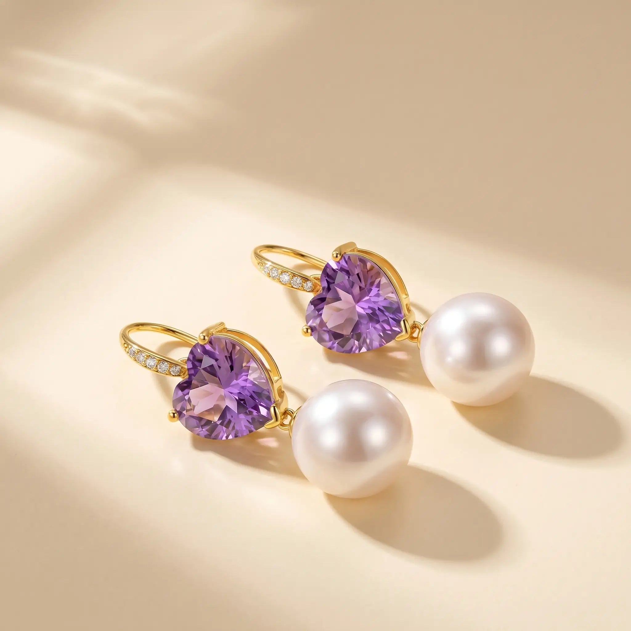 Radiant Heart Amethyst Diamond Pearl Convertible Drop Earrings
