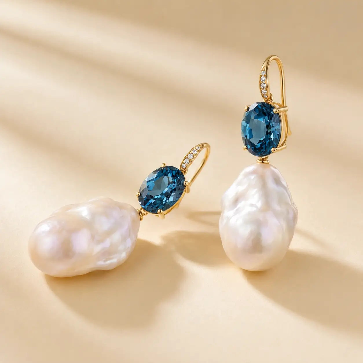 Radiant Oval London Blue Topaz Diamond Baroque Pearl Convertible Drop Earrings