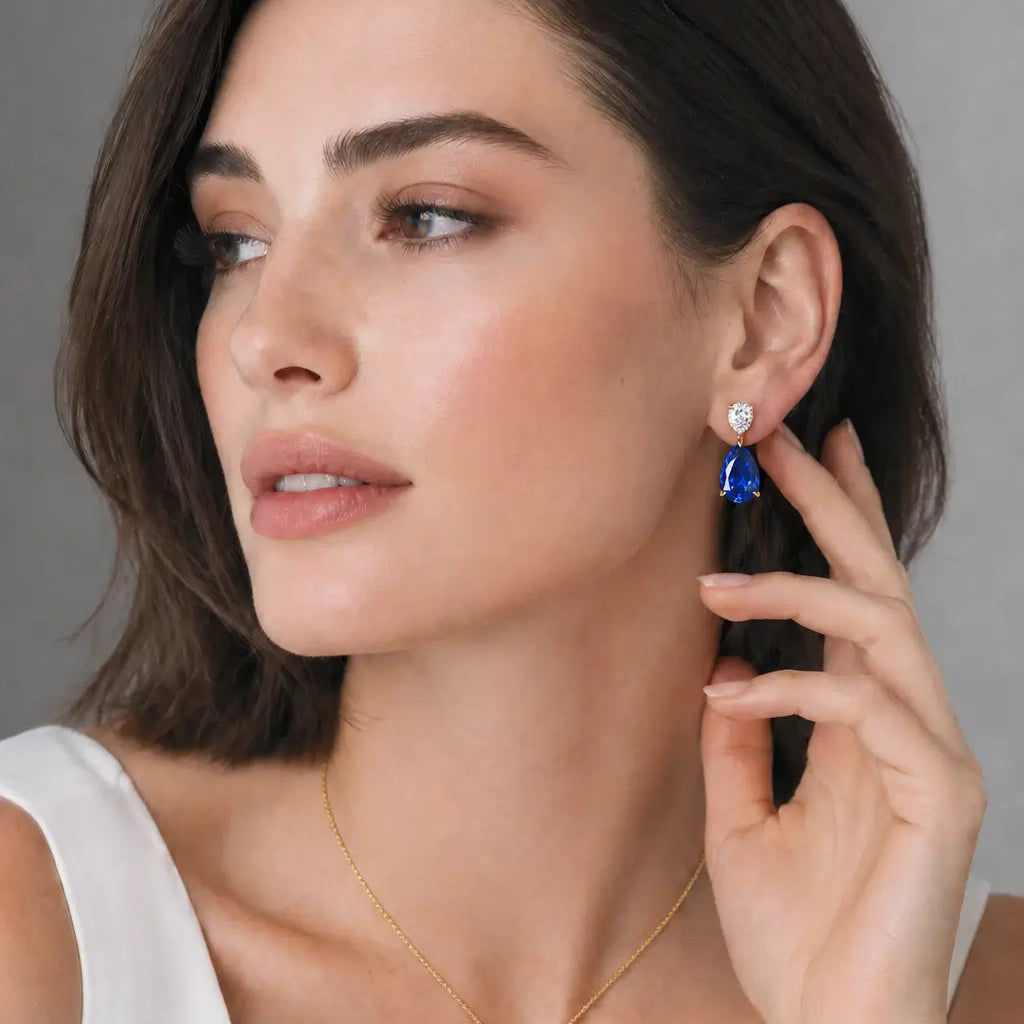 Duet Pear 8.00ctw Lab Grown Diamond & Sapphire Drop Earrings in 14k solid gold