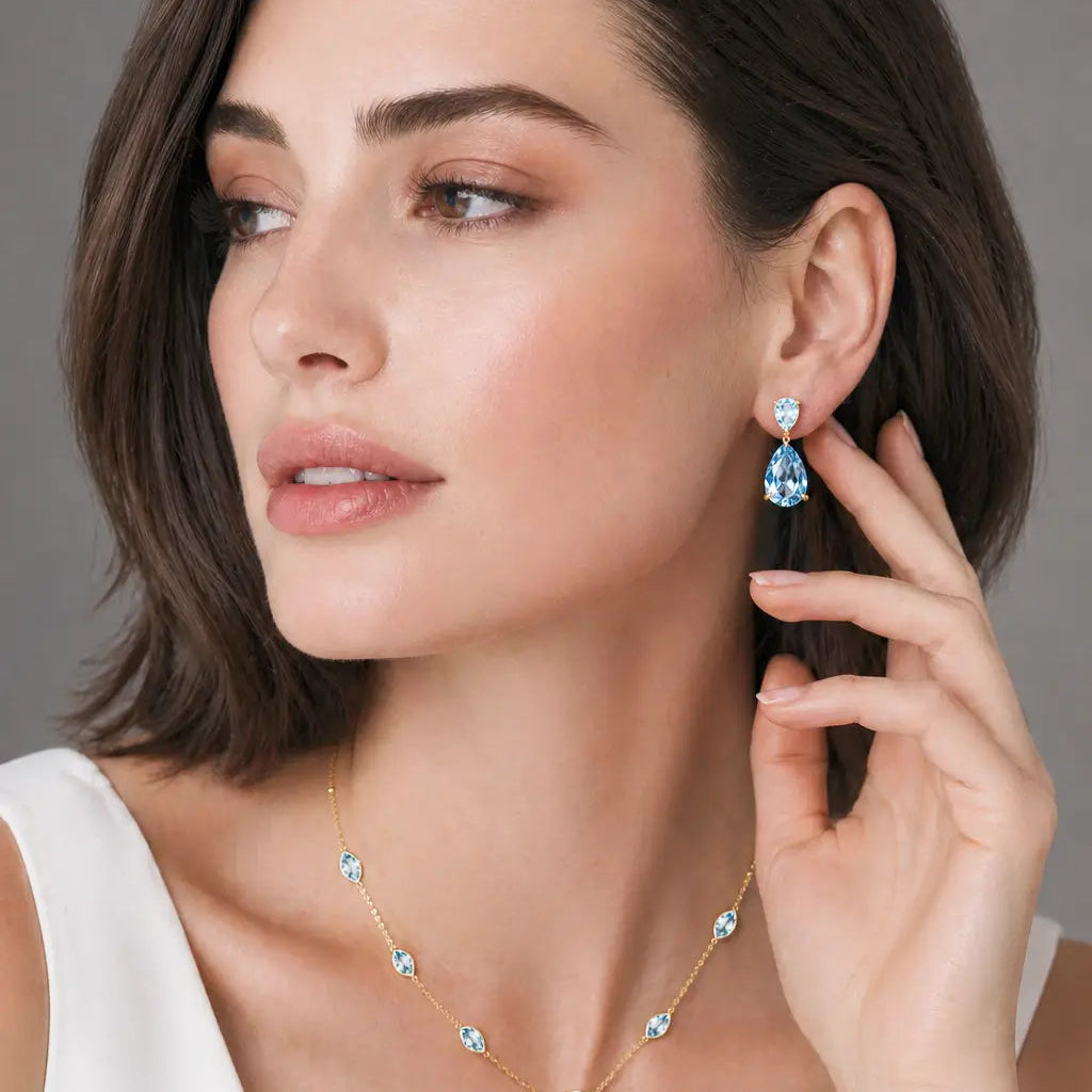 Duet Natural Pear 9.60ctw Sky Blue Topaz Drop Earrings in 14k gold