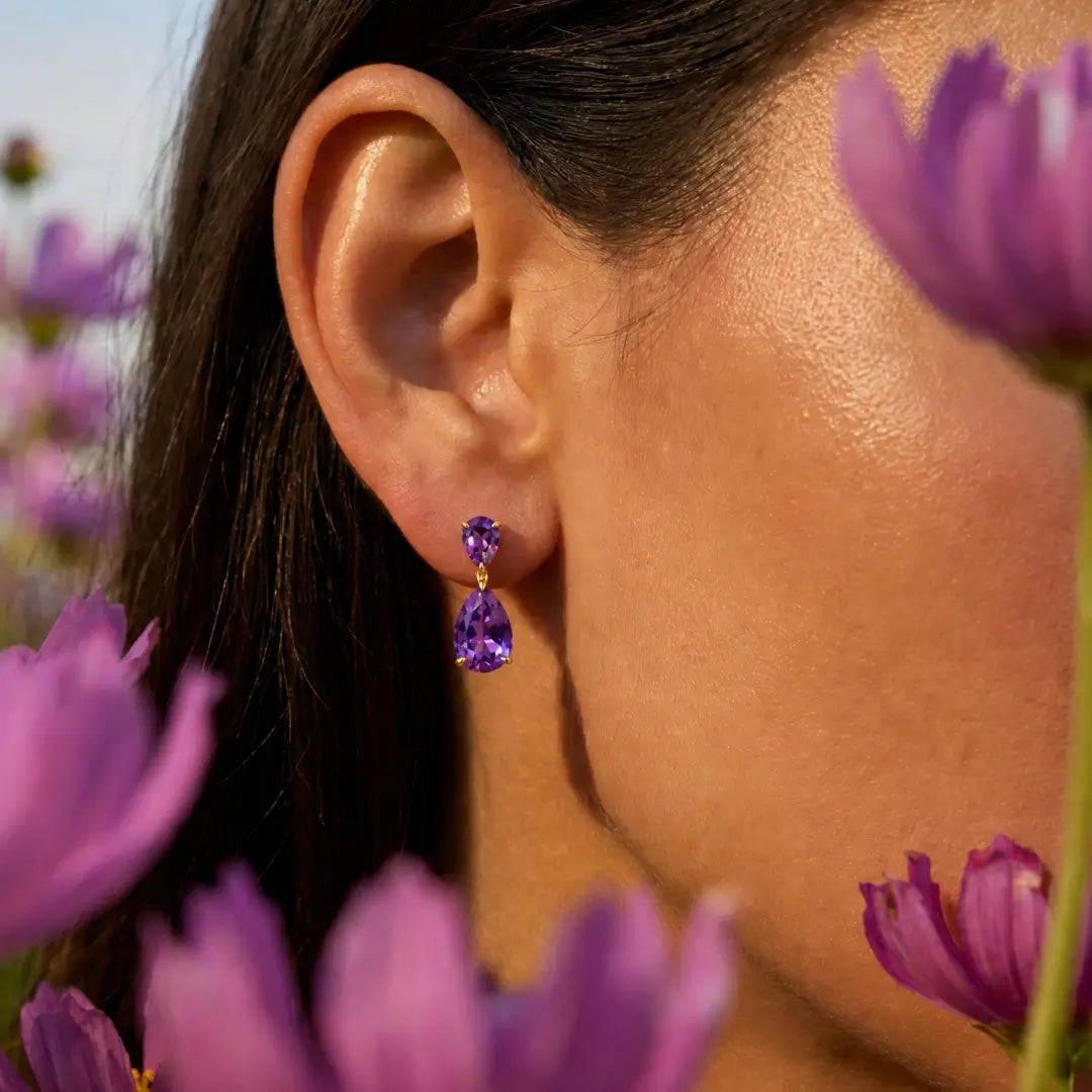 Duet Natural Pear 7.20ctw Amethyst Drop Earrings in 14k yellow gold
