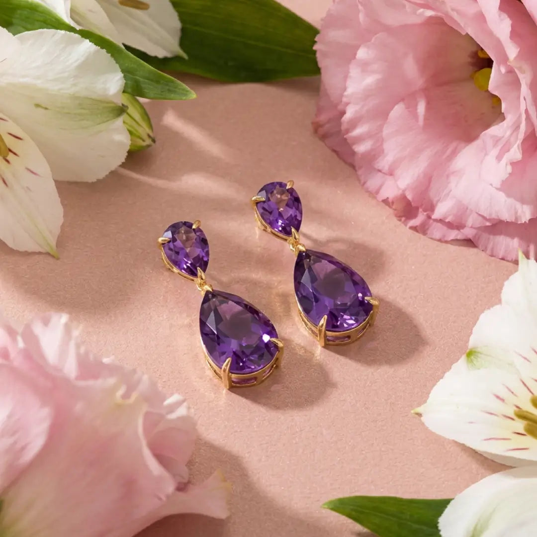 Duet Natural Pear 7.20ctw Amethyst Drop Earrings in 14k yellow gold