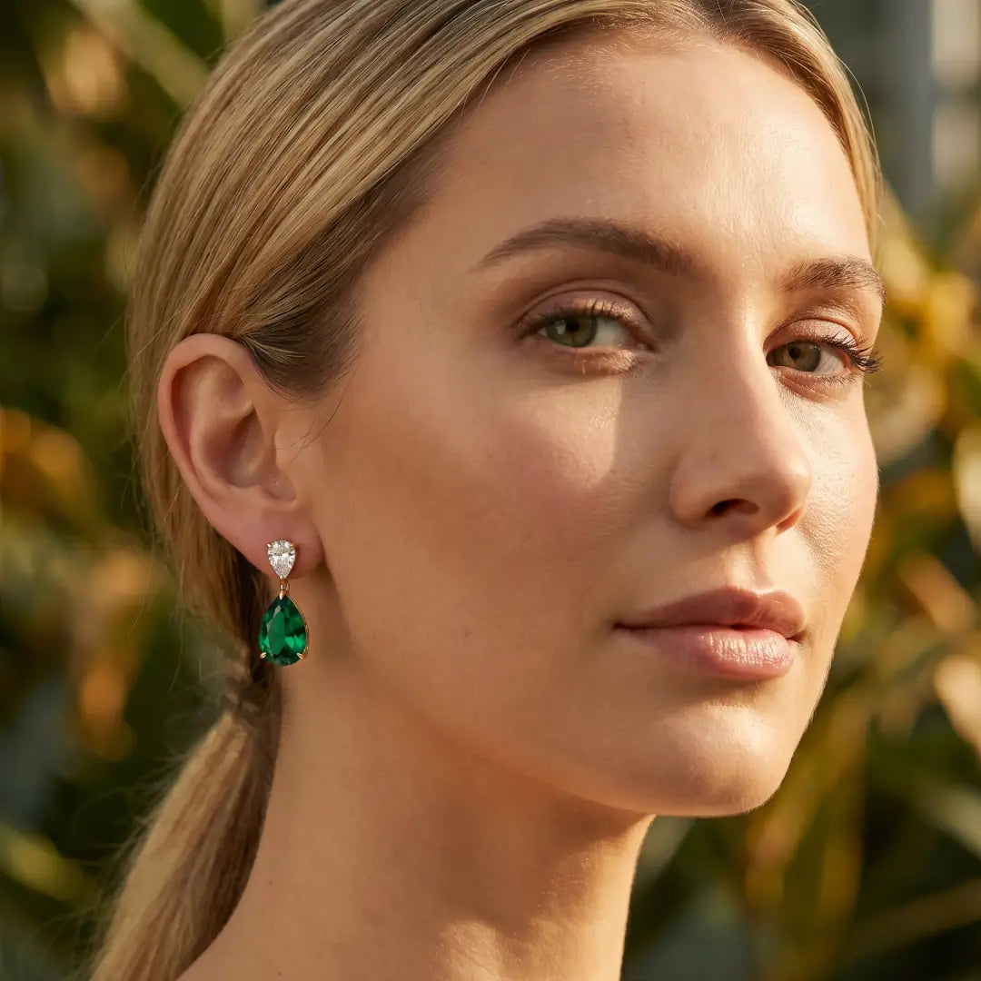 Duet 7ctw Pear Lab Grown Diamond & Emerald Drop Earrings in 14k yellow gold