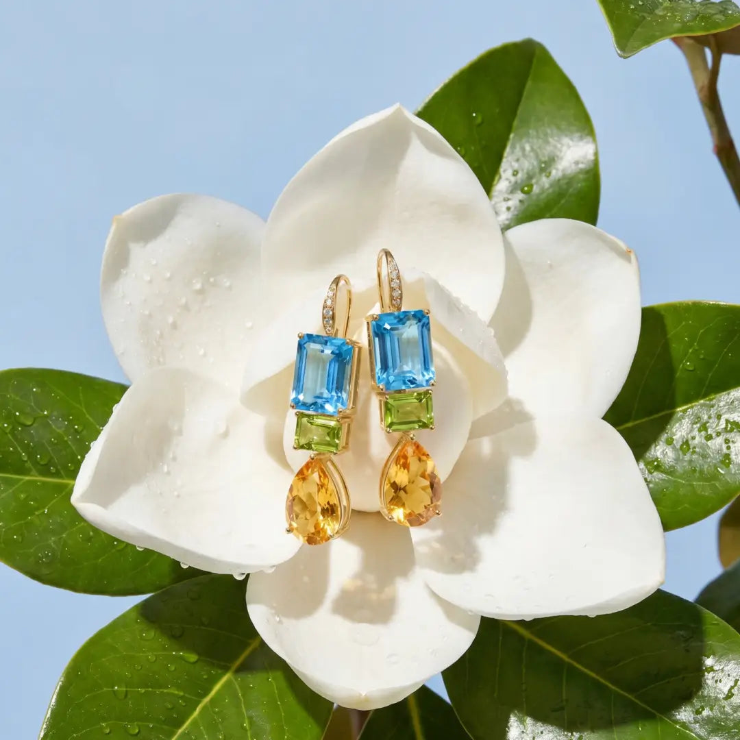 GemFusion Natural Topaz Peridot Cirtine Diamond Convertible Drop Earrings 14k yellow gold