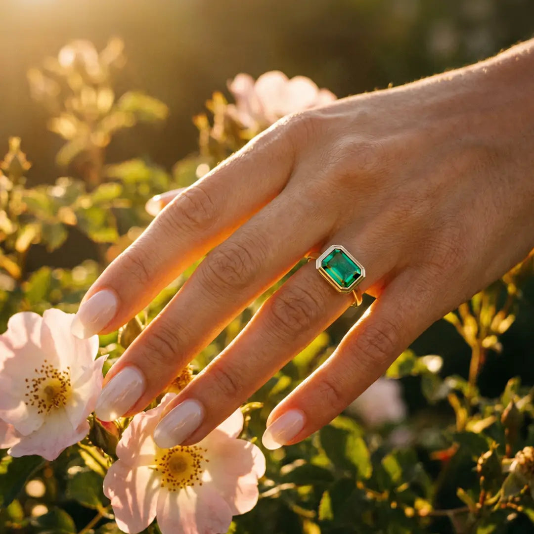 Kai 14k Gold Bella East West 2.00ctw Lab Grown Green Emerald Ring