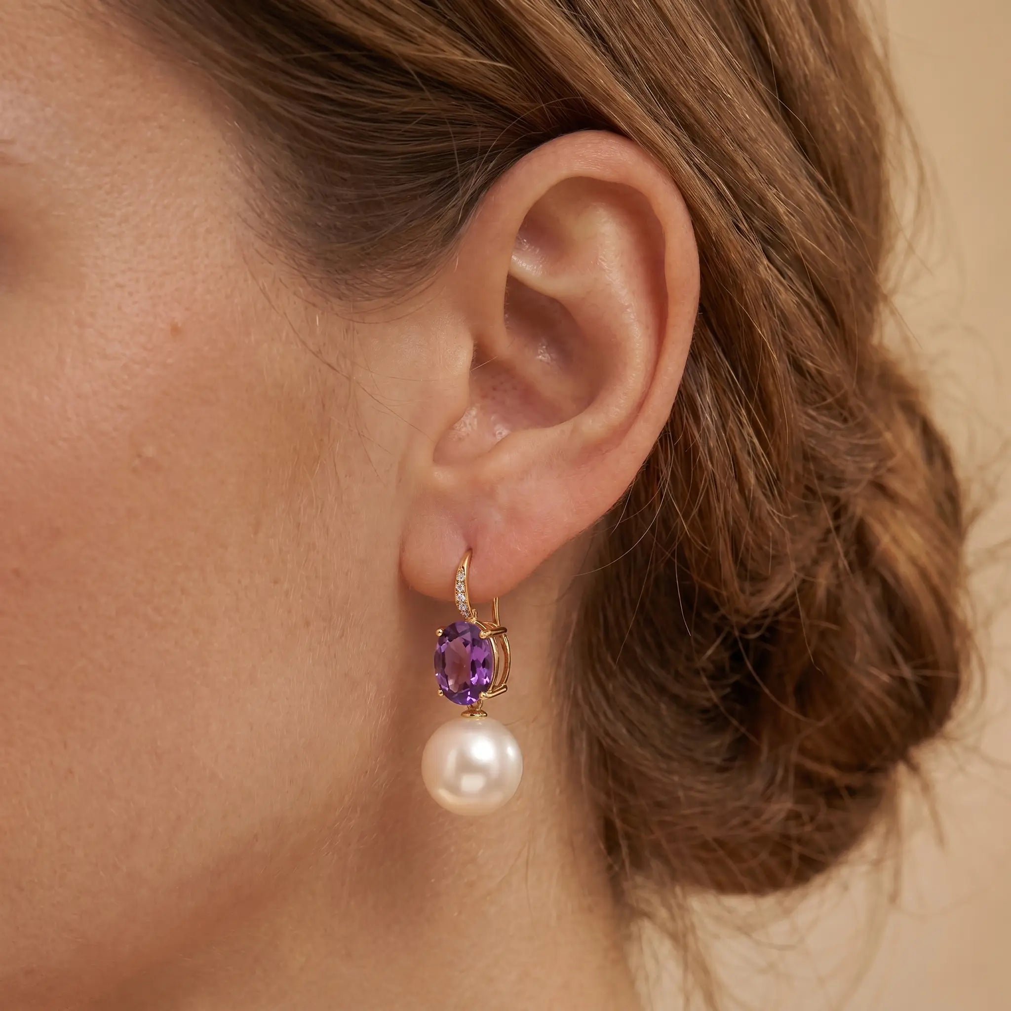 Radiant Oval Amethyst Diamond Pearl Convertible Drop Earrings