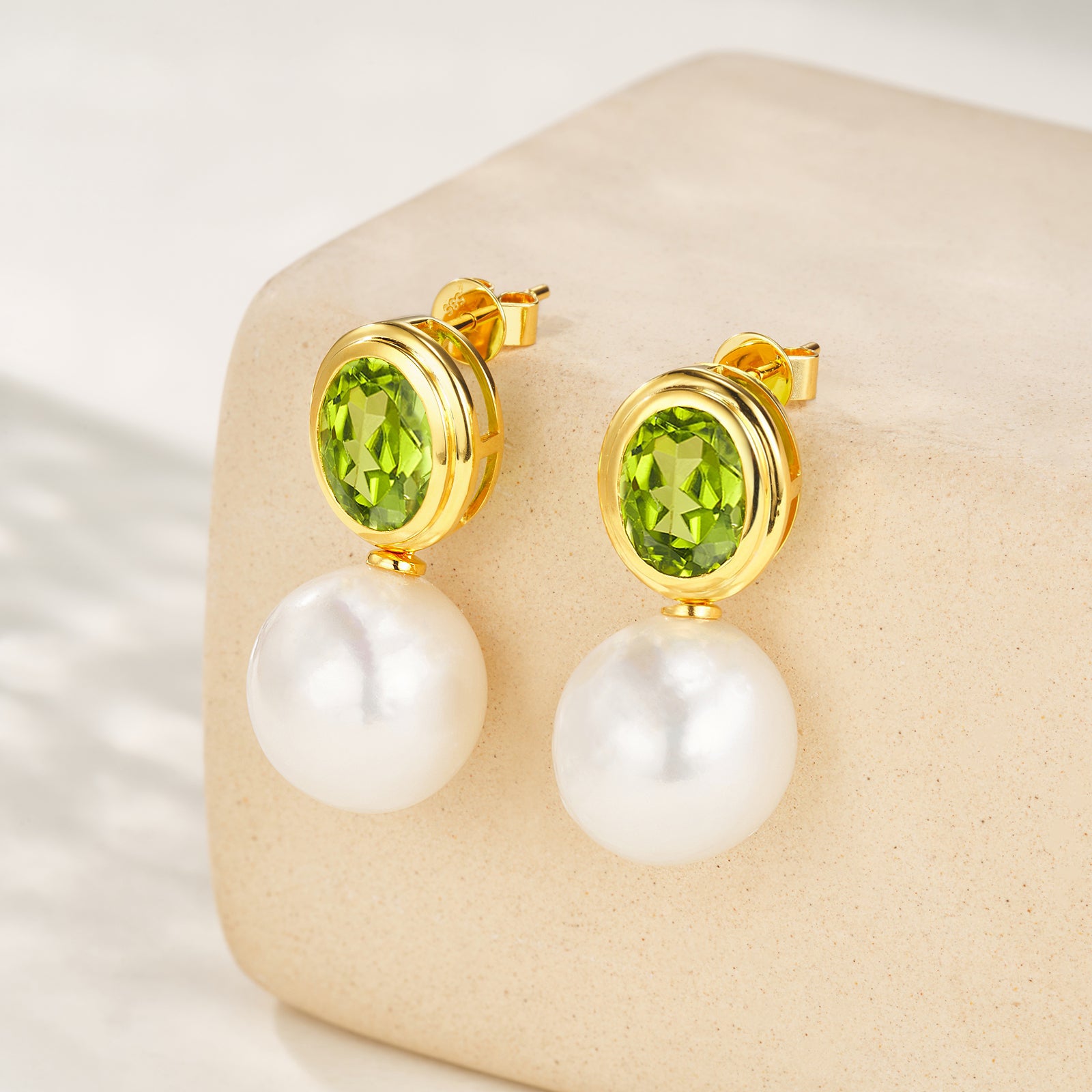 Natural Oval Peridot CulturedPearl Convertible Drop Earrings 14k yellow gold