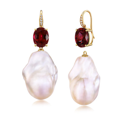 Radiant Oval Garnet Diamond Baroque Pearl Convertible Drop Earrings