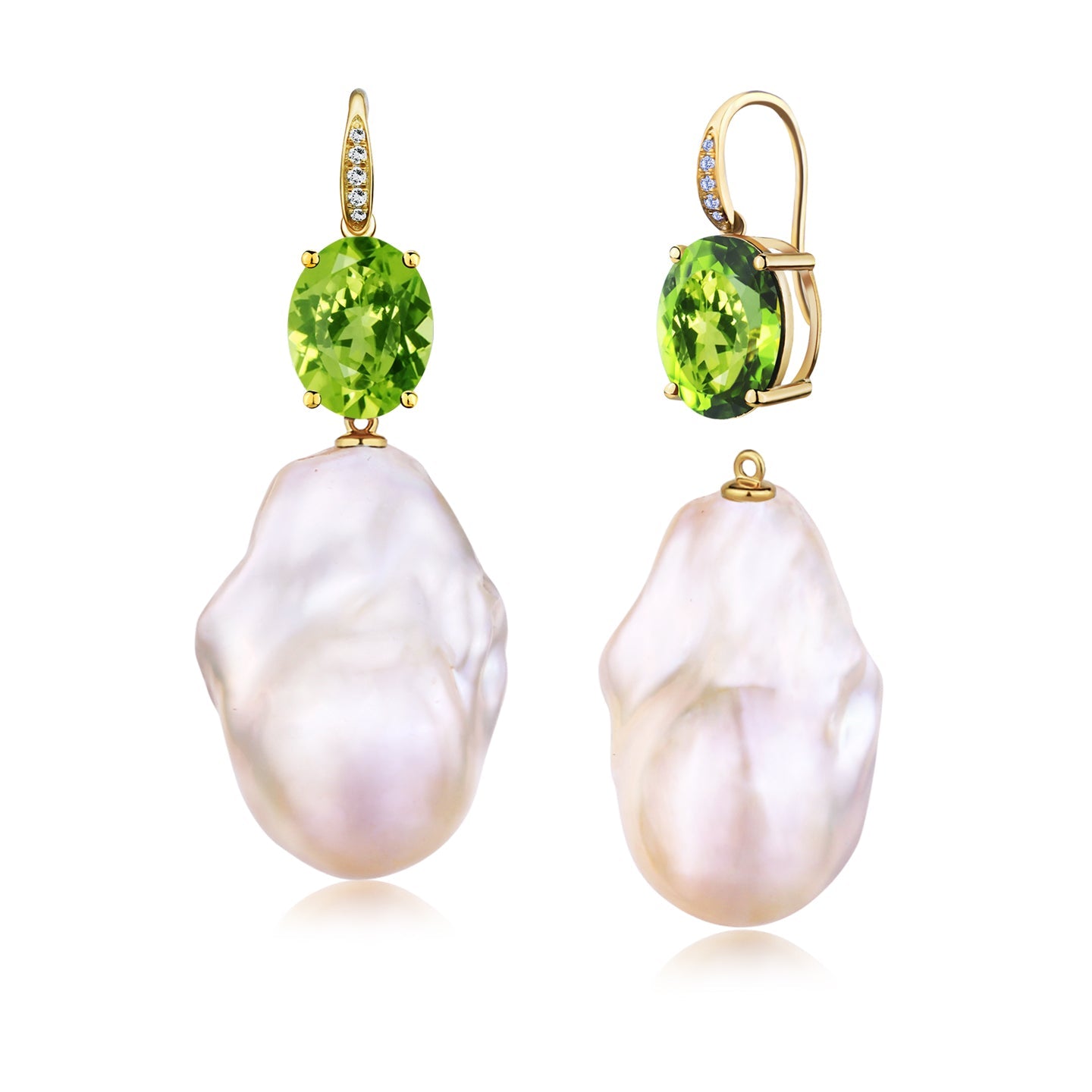 Radiant Oval Natural Peridot Diamond Baroque Pearl Convertible Drop Earrings 14k yellow gold