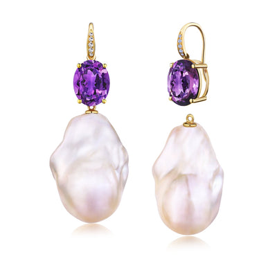 Radiant Oval Amethyst Diamond Baroque Pearl Convertible Drop Earrings