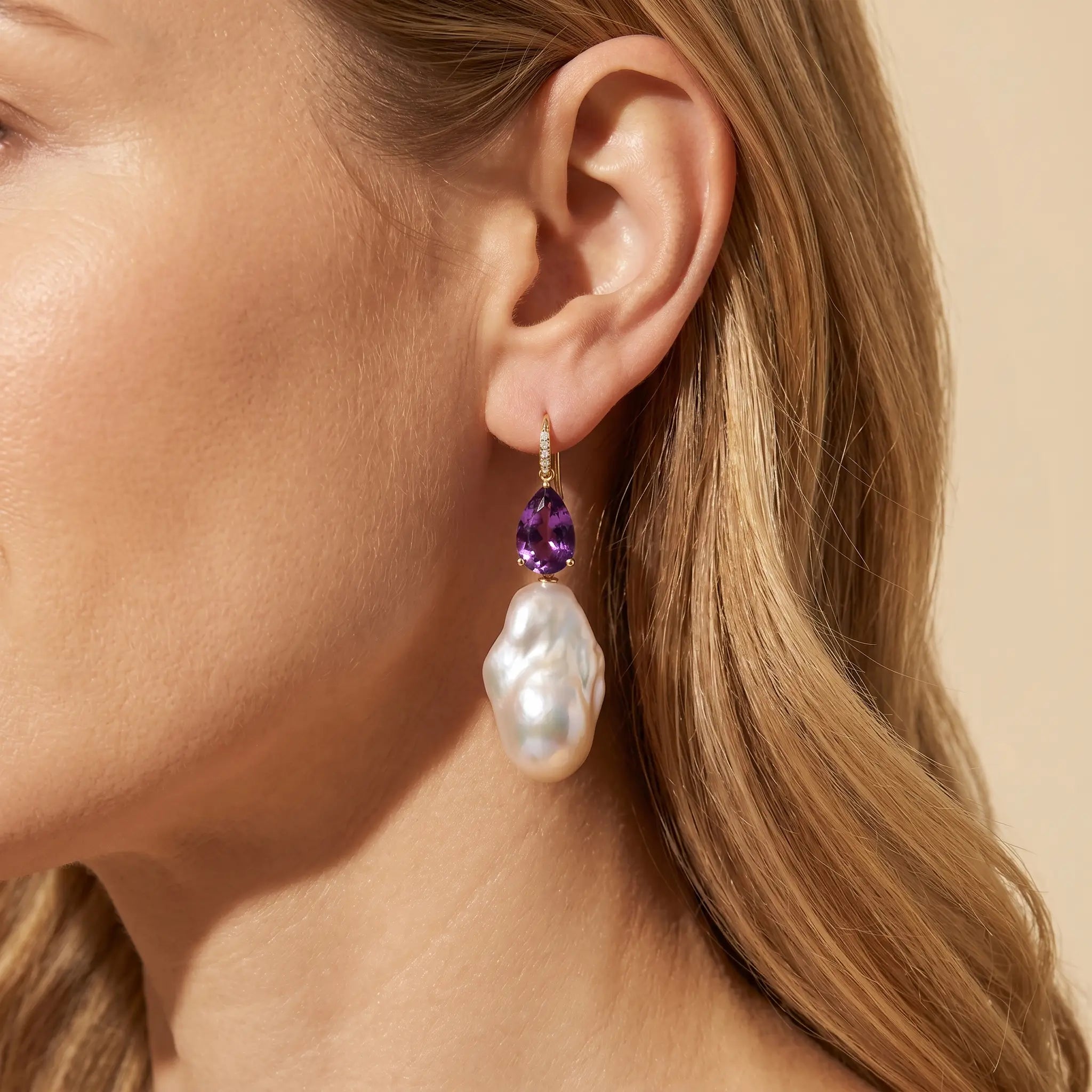 Radiant Pear Amethyst Diamond Baroque Pearl Convertible Drop Earrings