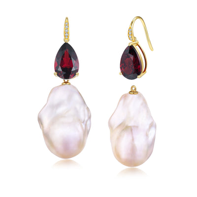 Radiant Pear Garnet Diamond Baroque Pearl Convertible Drop Earrings