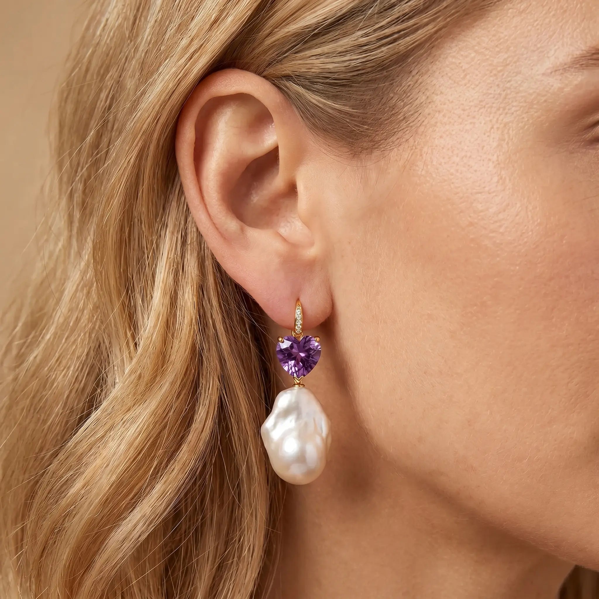 Radiant Heart Natural Amethyst Diamond Baroque Pearl Convertible Drop Earrings in 14k Gold