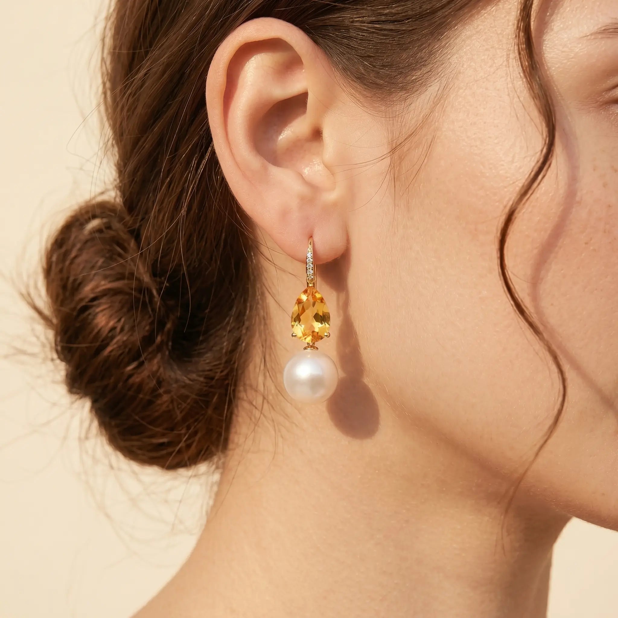 Radiant Natural Pear Citrine Diamond Pearl Convertible Drop Earrings in 14k yellow gold