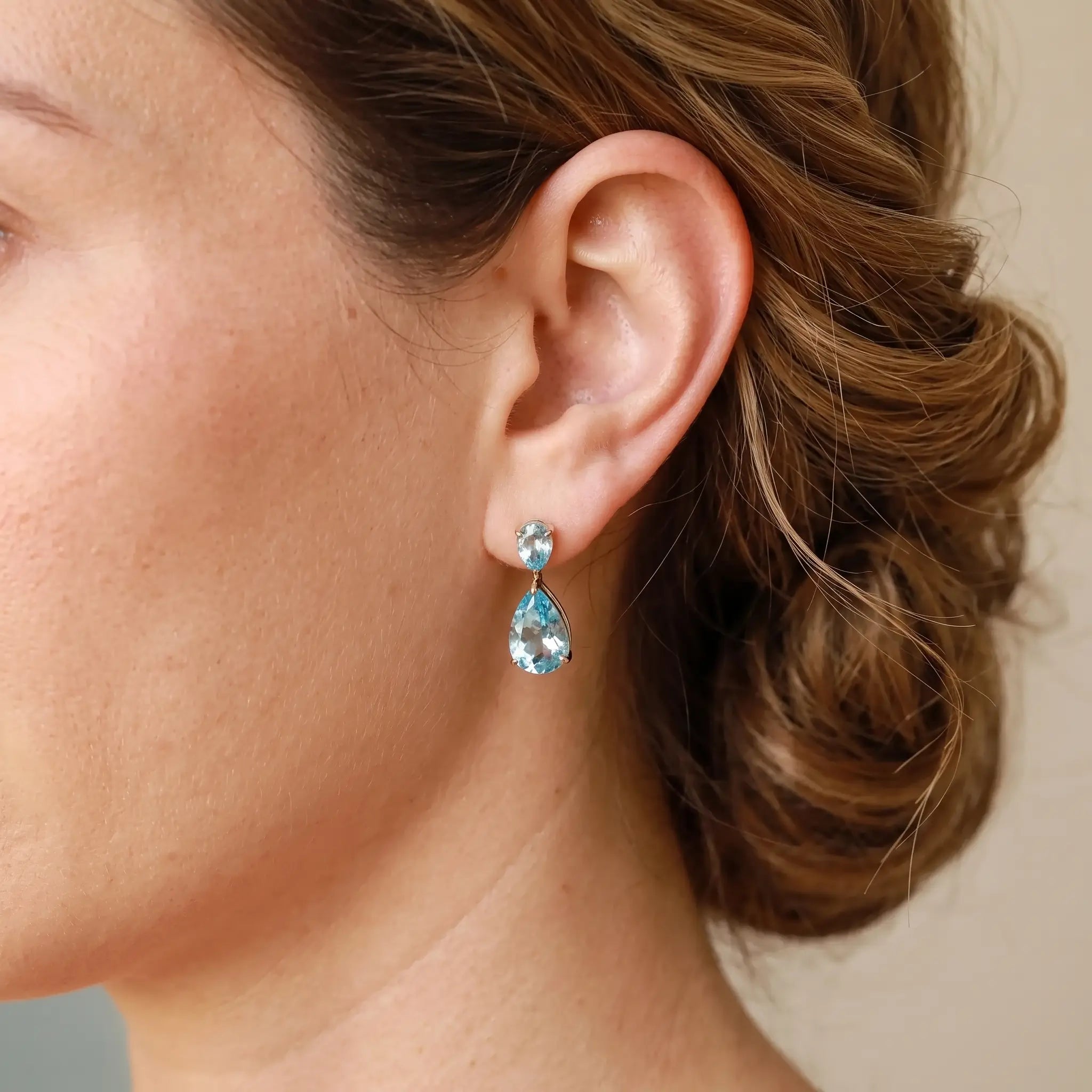 Duet Natural Pear 9.60ctw Sky Blue Topaz Drop Earrings in 14k gold