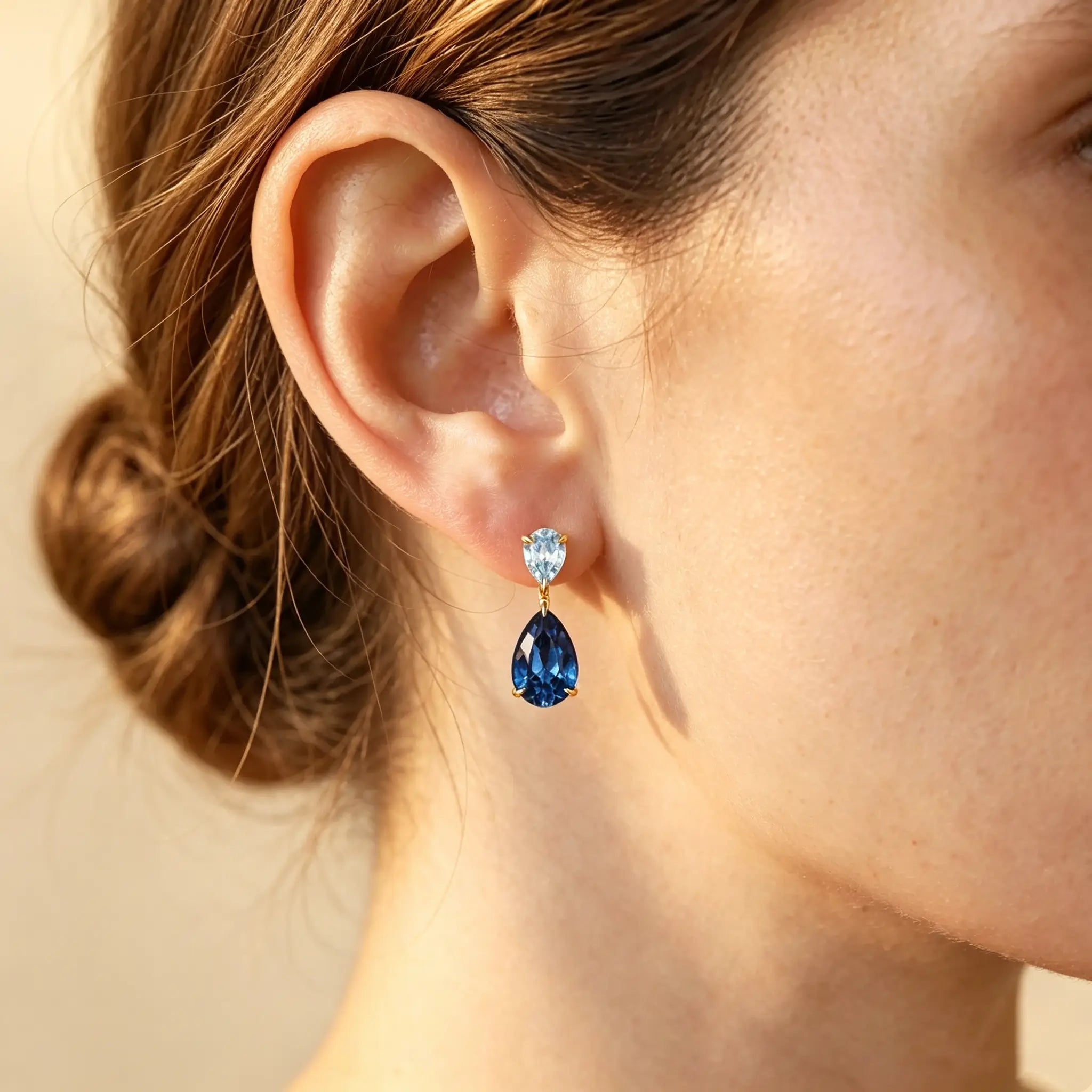 Duet Pear Natural Aquamarine & London Blue Topaz Drop Earrings in 14k yellow gold