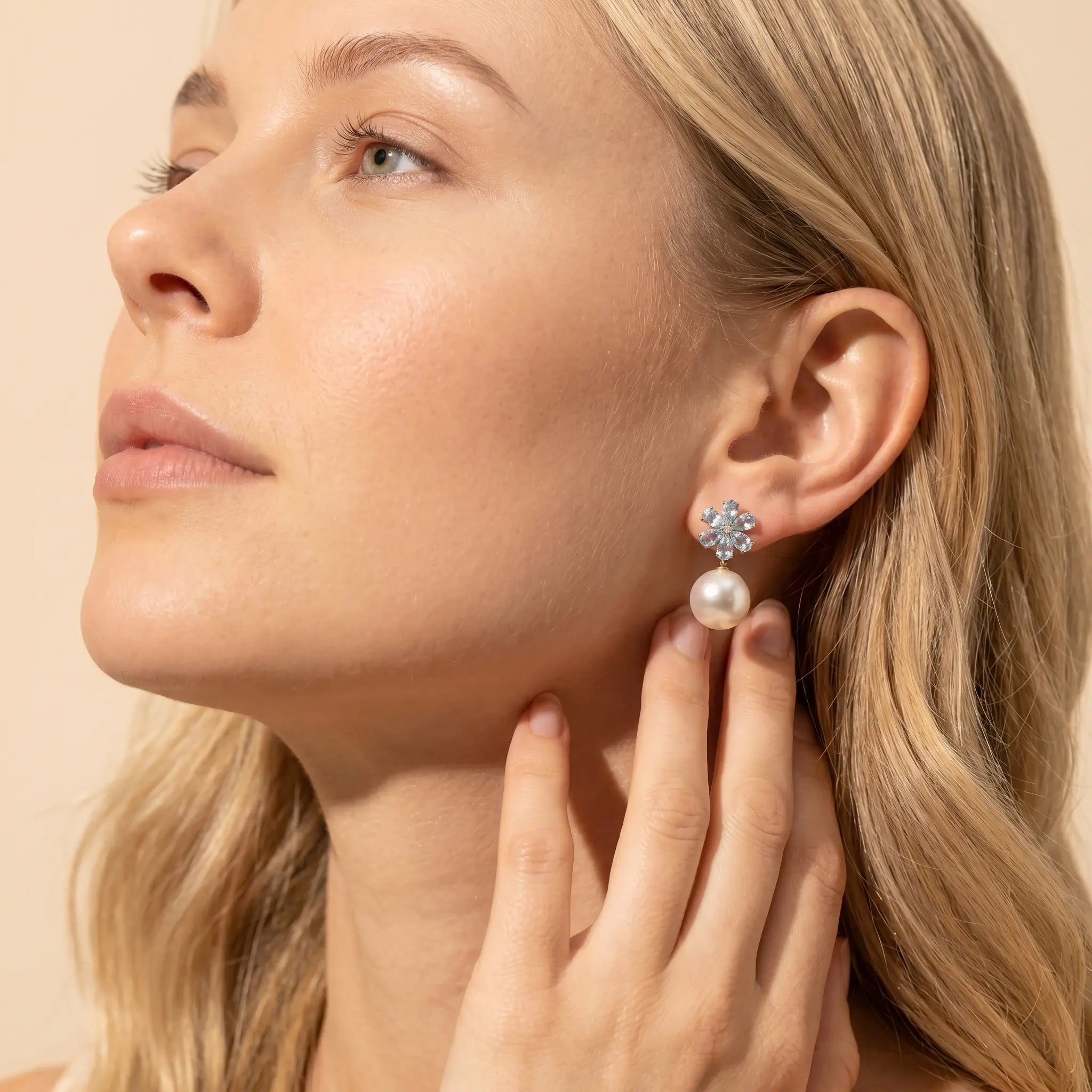 Flora Natural Sky Blue Aquamarine Diamond Pearl Convertible Drop Earrings in 14k gold