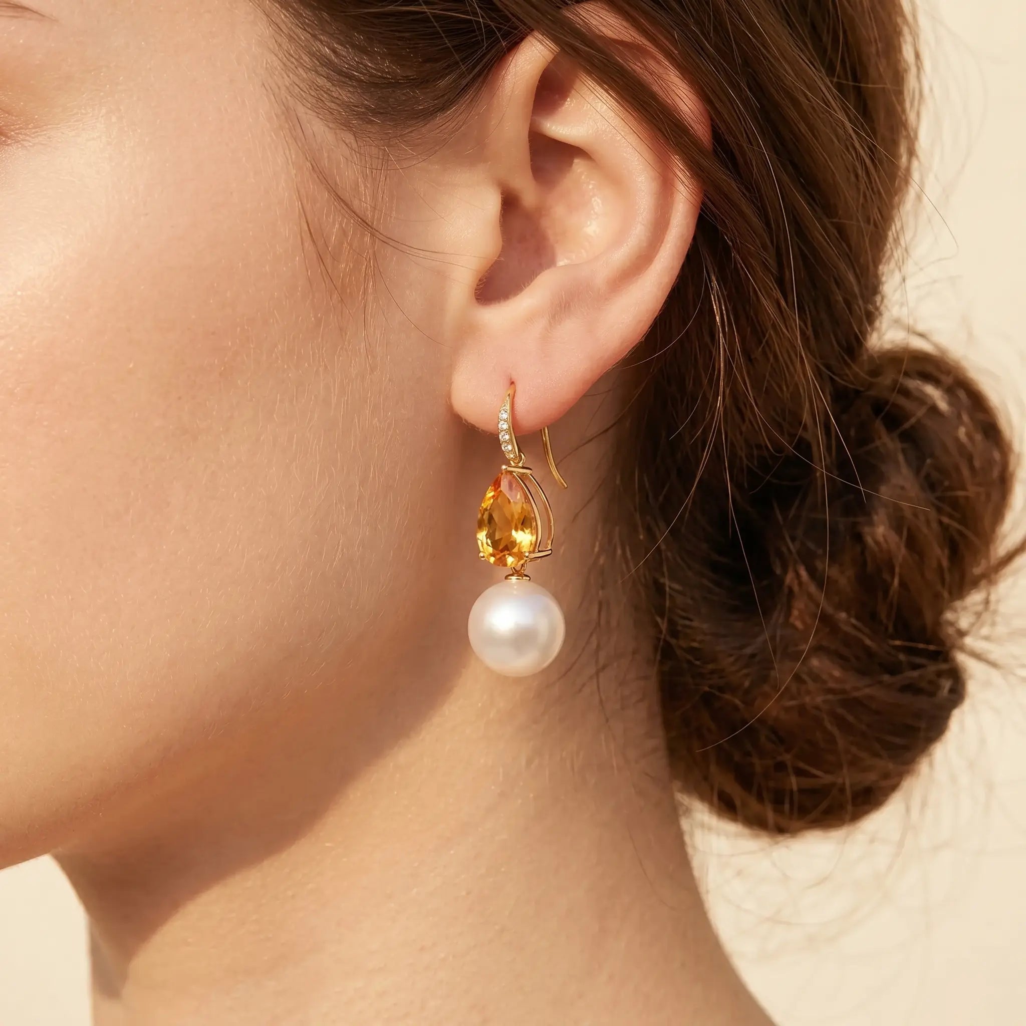 Radiant Natural Pear Citrine Diamond Pearl Convertible Drop Earrings in 14k yellow gold