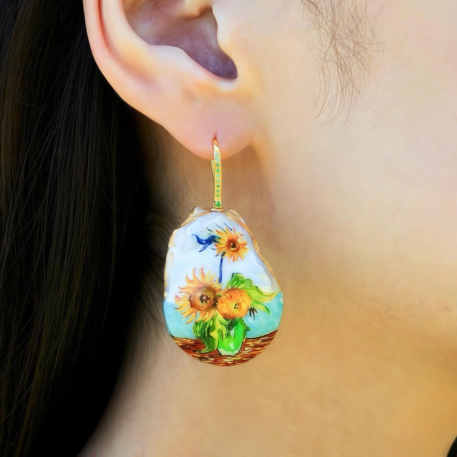 Paradise Diamond Convertible Hand-painted Sunflowers Pearl Drop Earrings