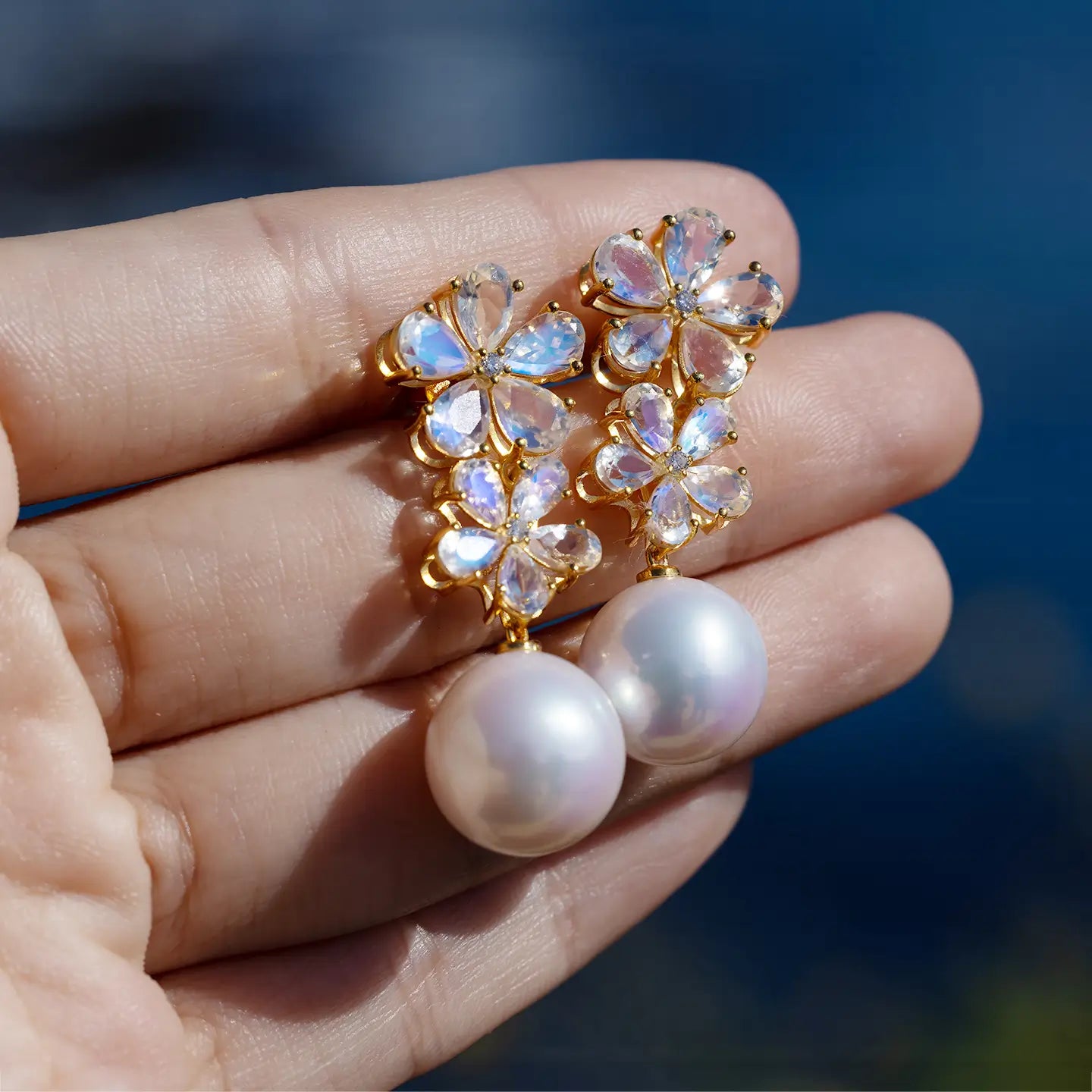 Nina Zhou x Kai 14k Gold Nautral Moonstone & Diamond Double Blossom Freshwater Pearl Convertible Drop Earrings