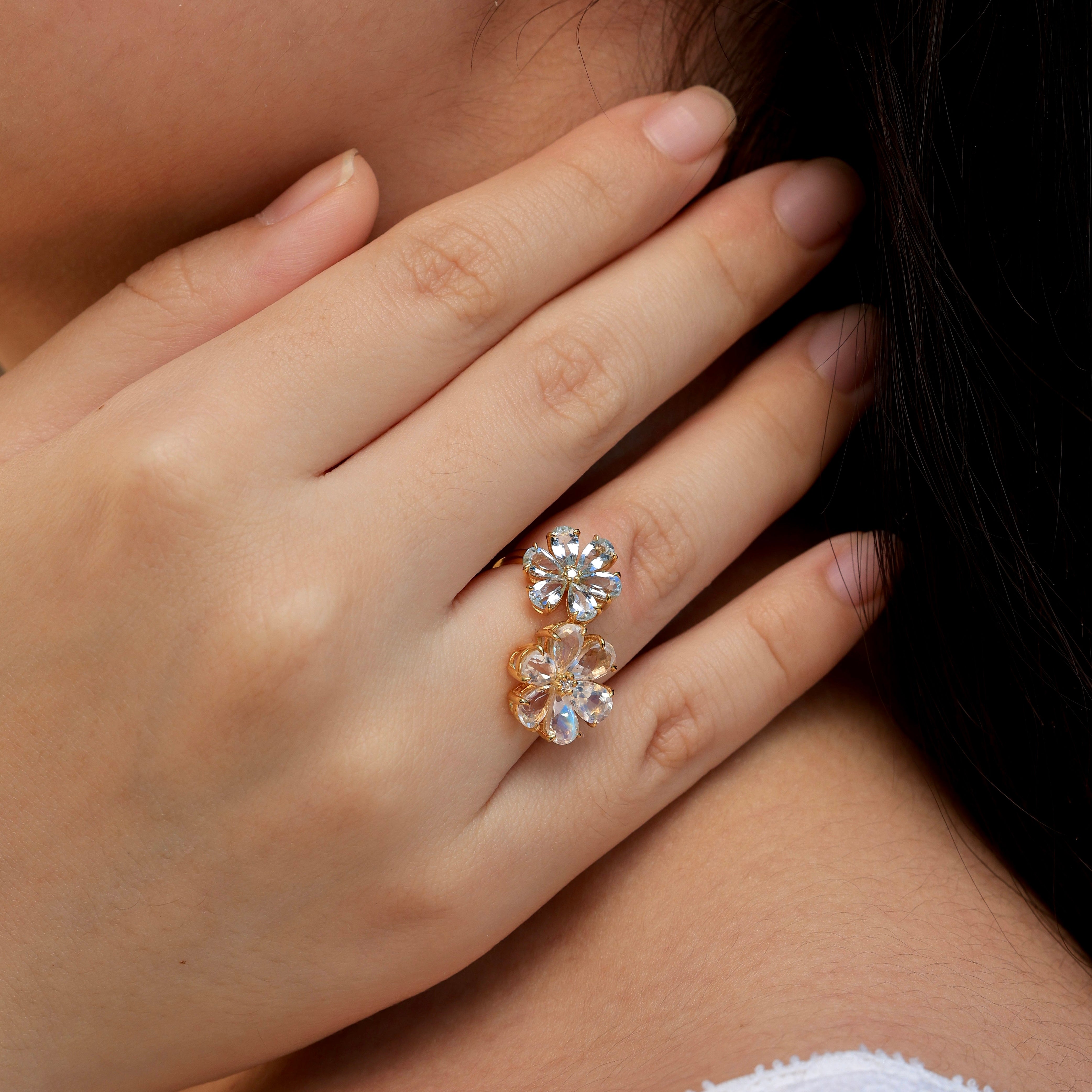 Flora Blossom Moonstone and Aquamarine Diamond Cocktail Ring