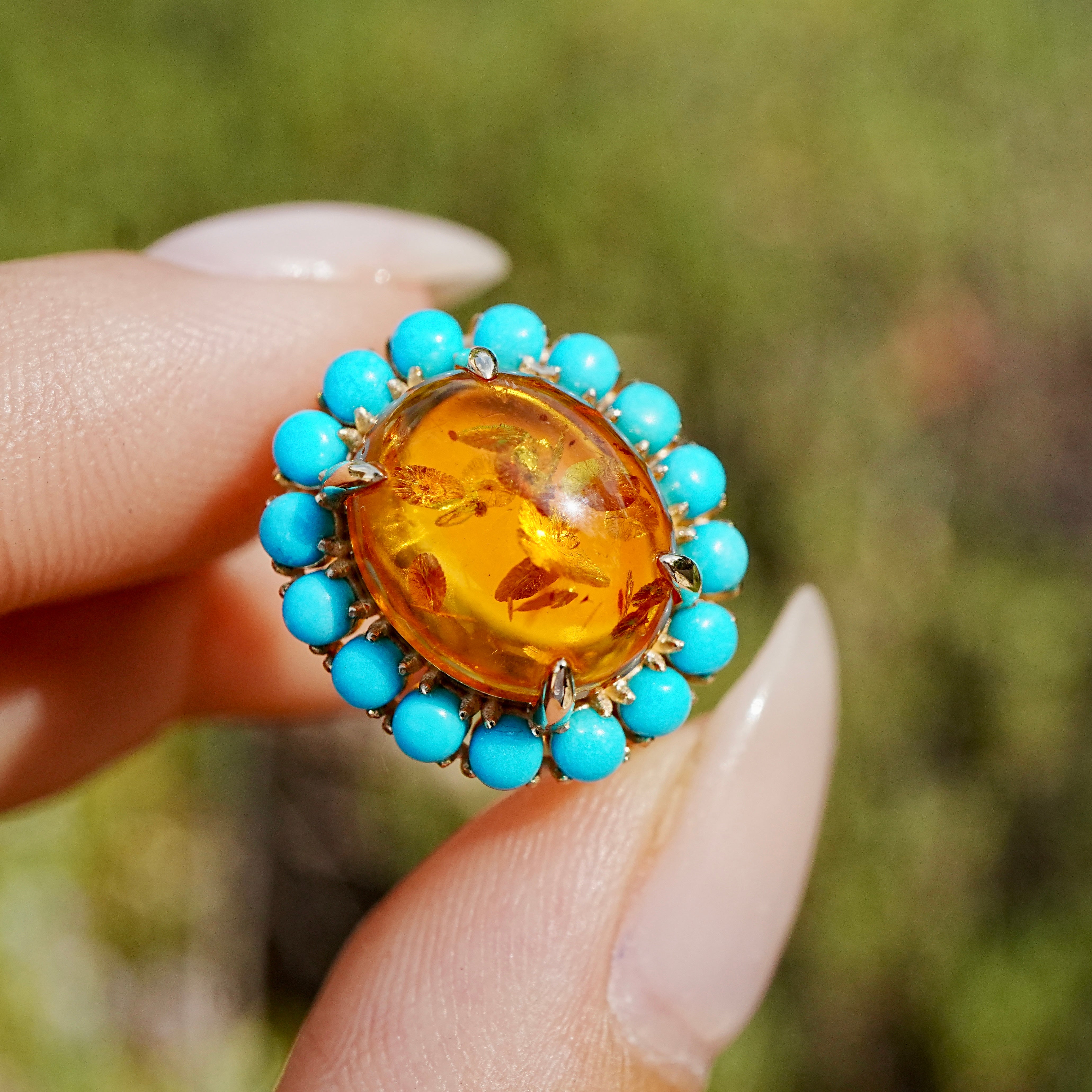 Eden Halo 3.10 ctw Natural Amber & Turquoise East-West Ring (One-of-a-Kind)