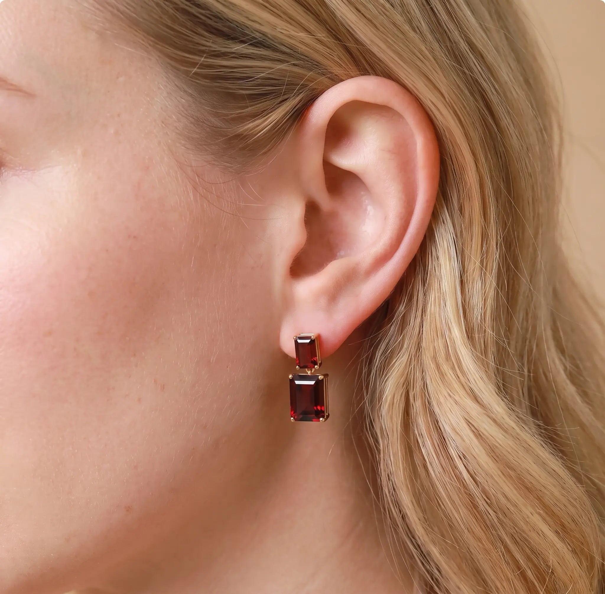 Duet Emerald-Cut Natural 10.8ctw Garnet Drop Earrings in 14k yellow gold