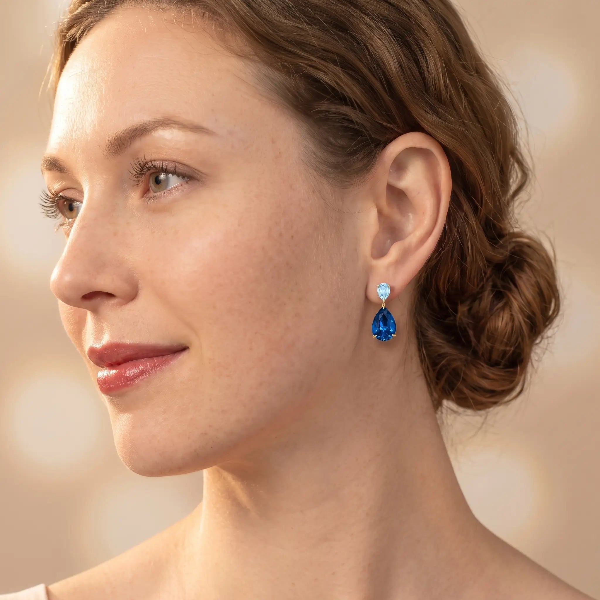 Duet Pear Natural Aquamarine & London Blue Topaz Drop Earrings in 14k yellow gold