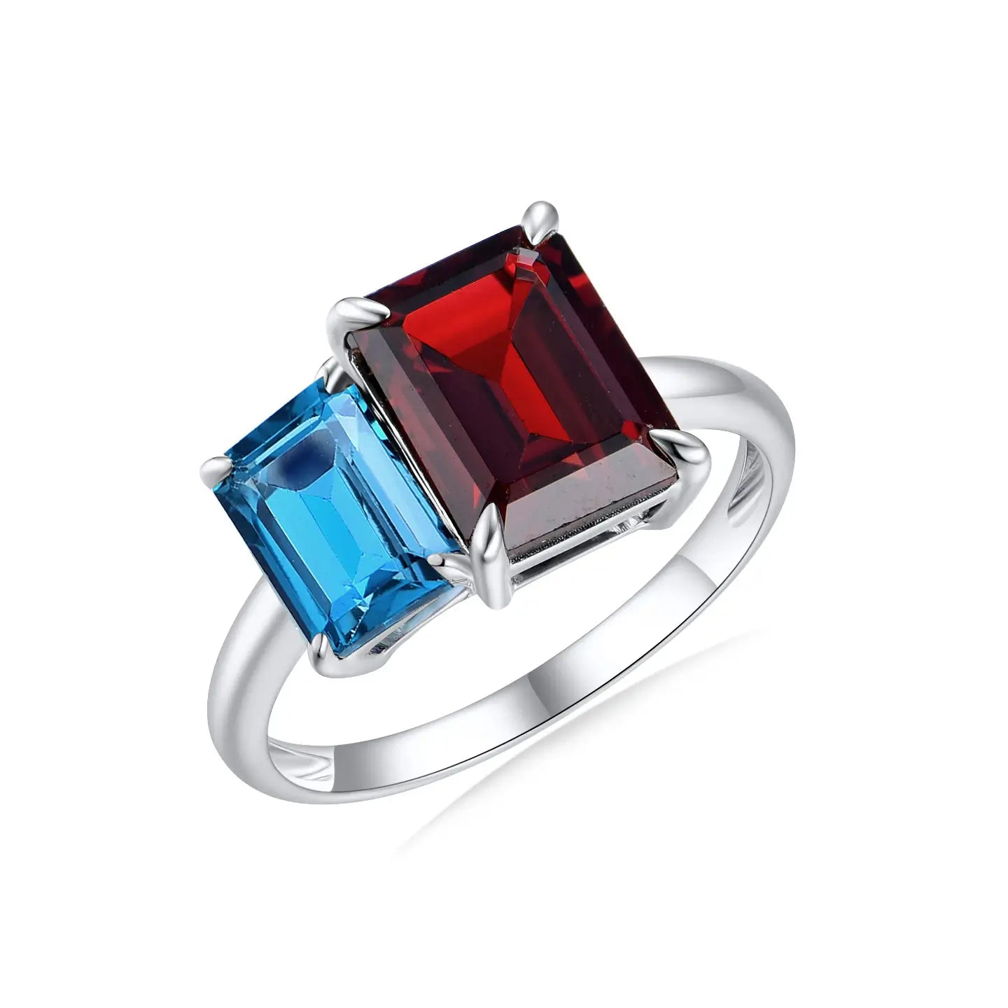14k white gold blue topaz red garnet ring